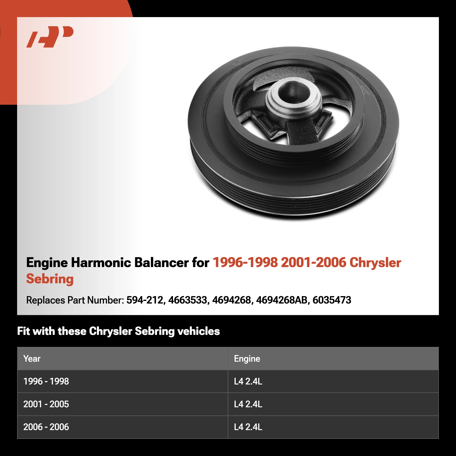 Engine Harmonic Balancer for 1996-1998 2001-2006 Chrysler Sebring