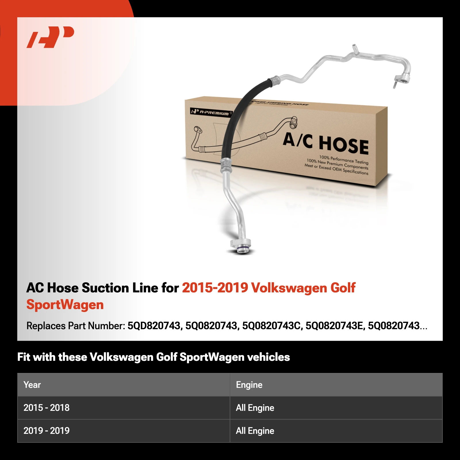 AC Hose Suction Line for 2015-2019 Volkswagen Golf SportWagen