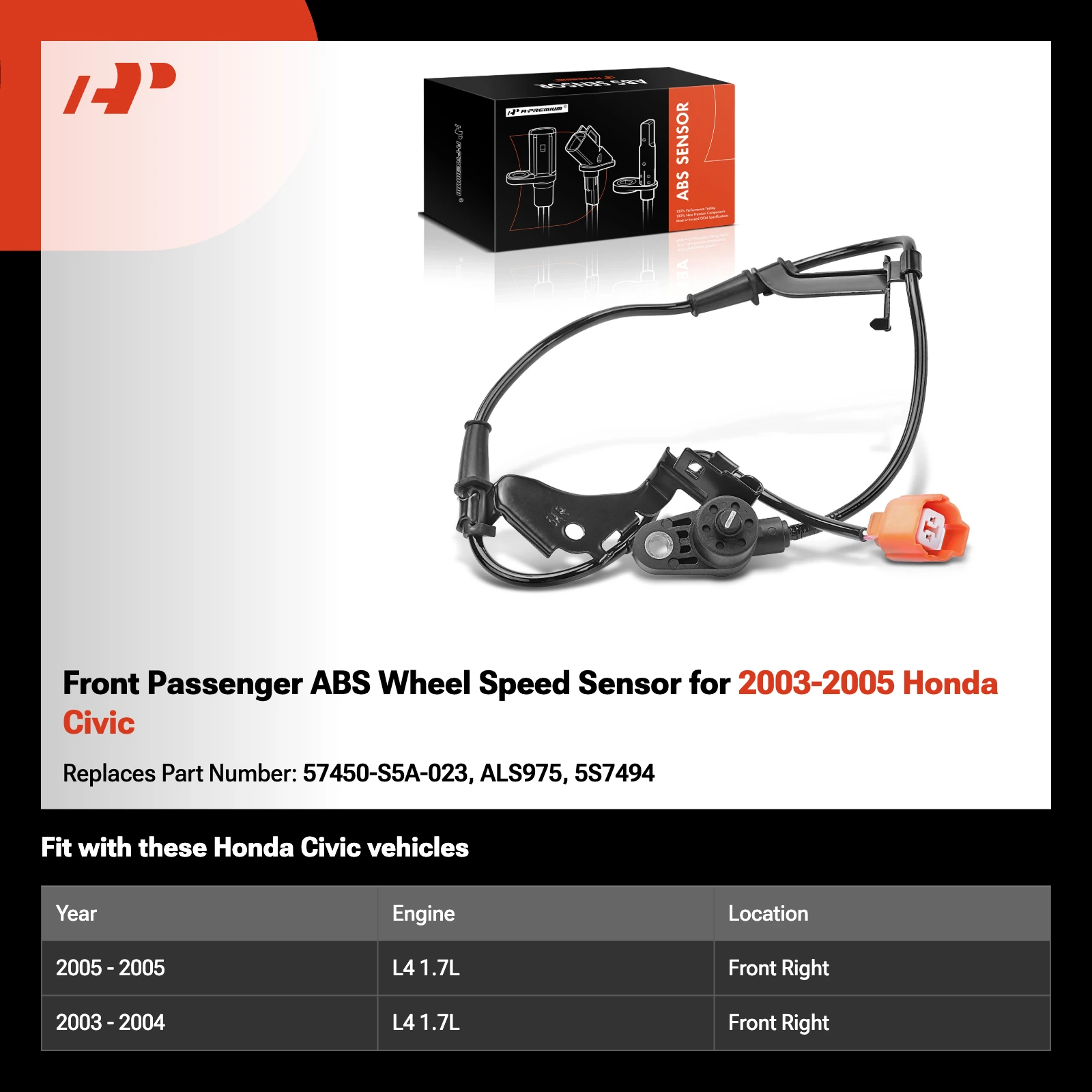 Front Passenger ABS Wheel Speed Sensor for 2003-2005 Honda Civic