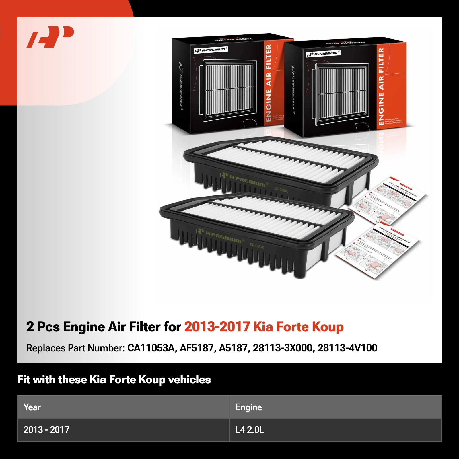 2 Pcs Engine Air Filter for 2013-2017 Kia Forte Koup