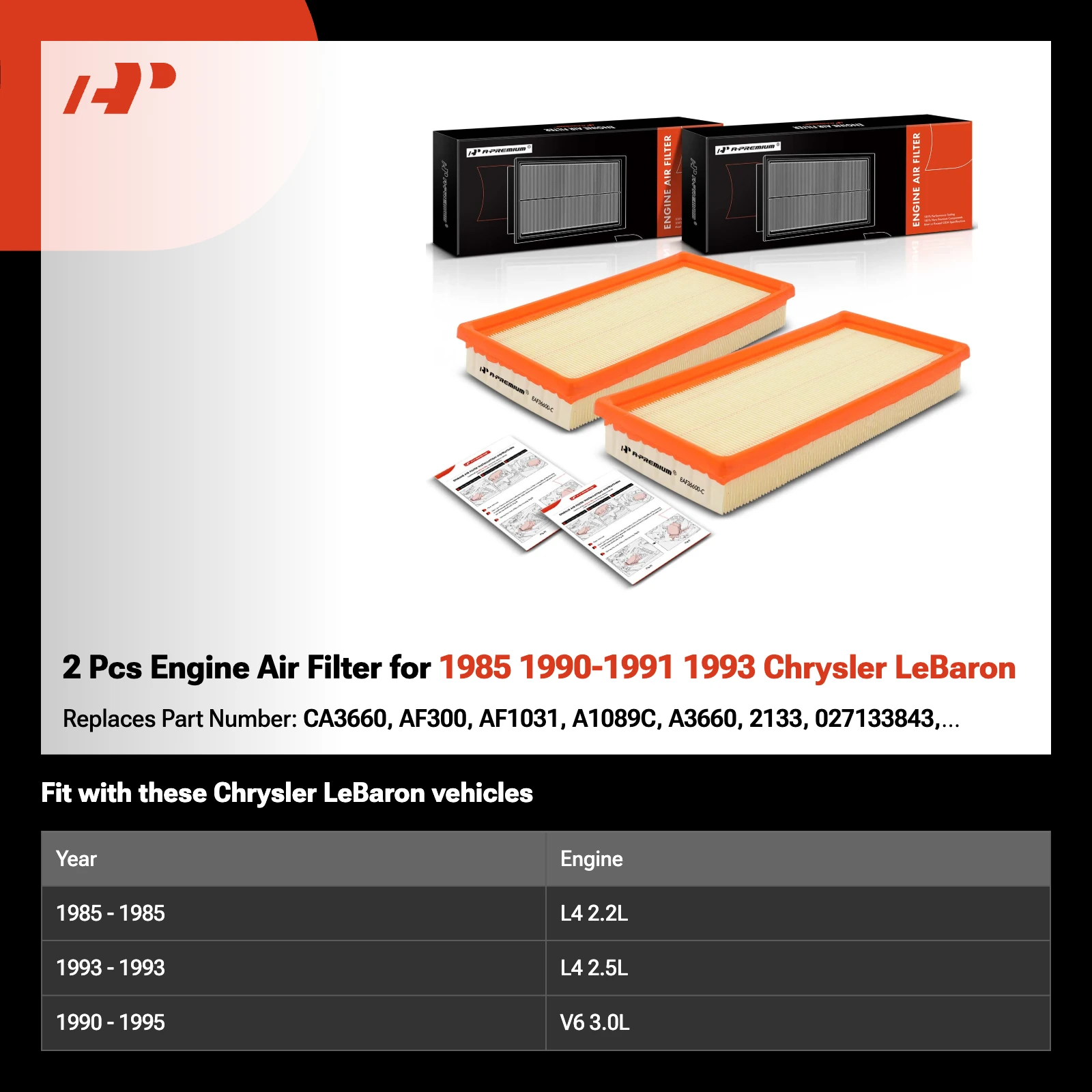 2 Pcs Engine Air Filter for 1985 1990-1991 1993 Chrysler LeBaron