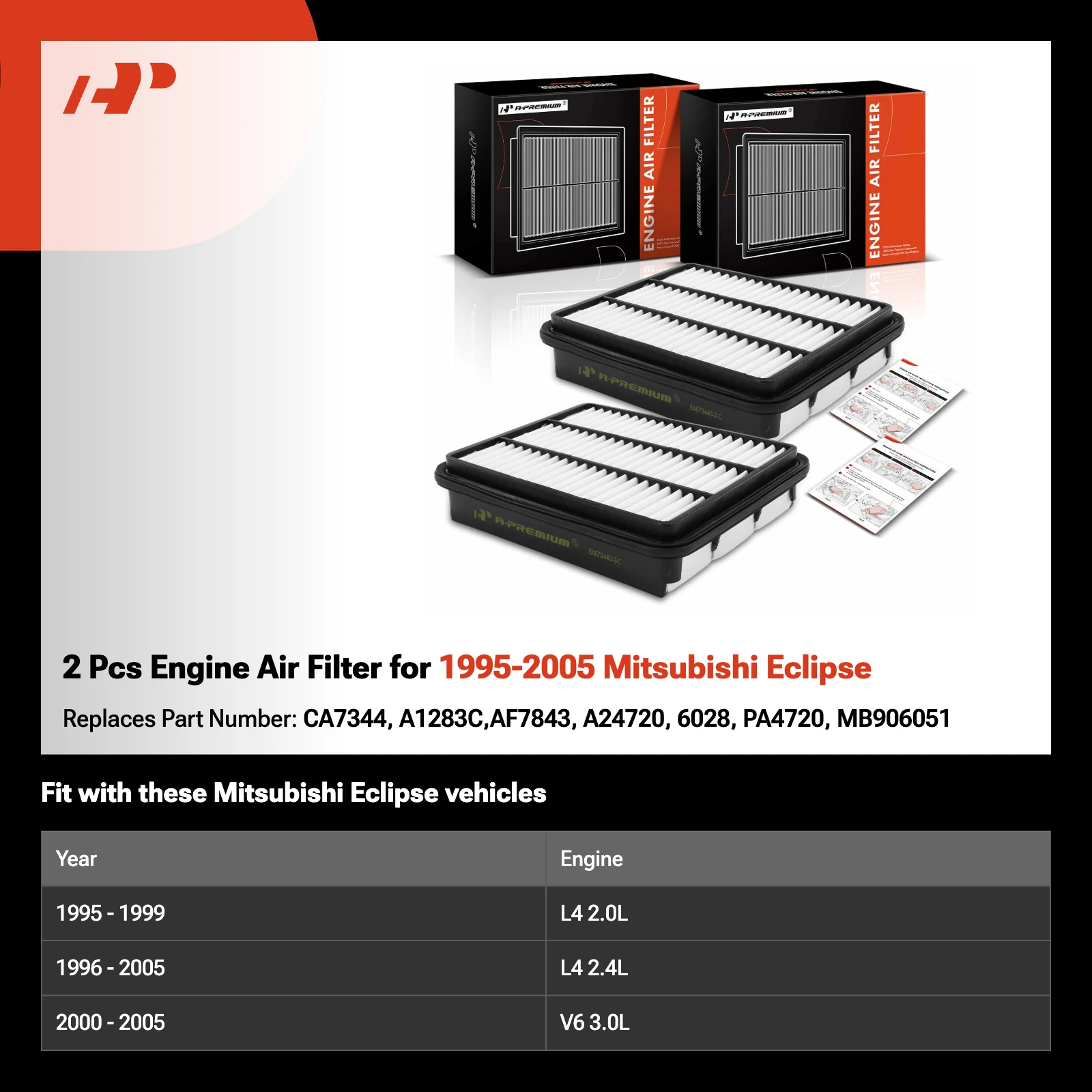 2 Pcs Engine Air Filter for 1995-2005 Mitsubishi Eclipse