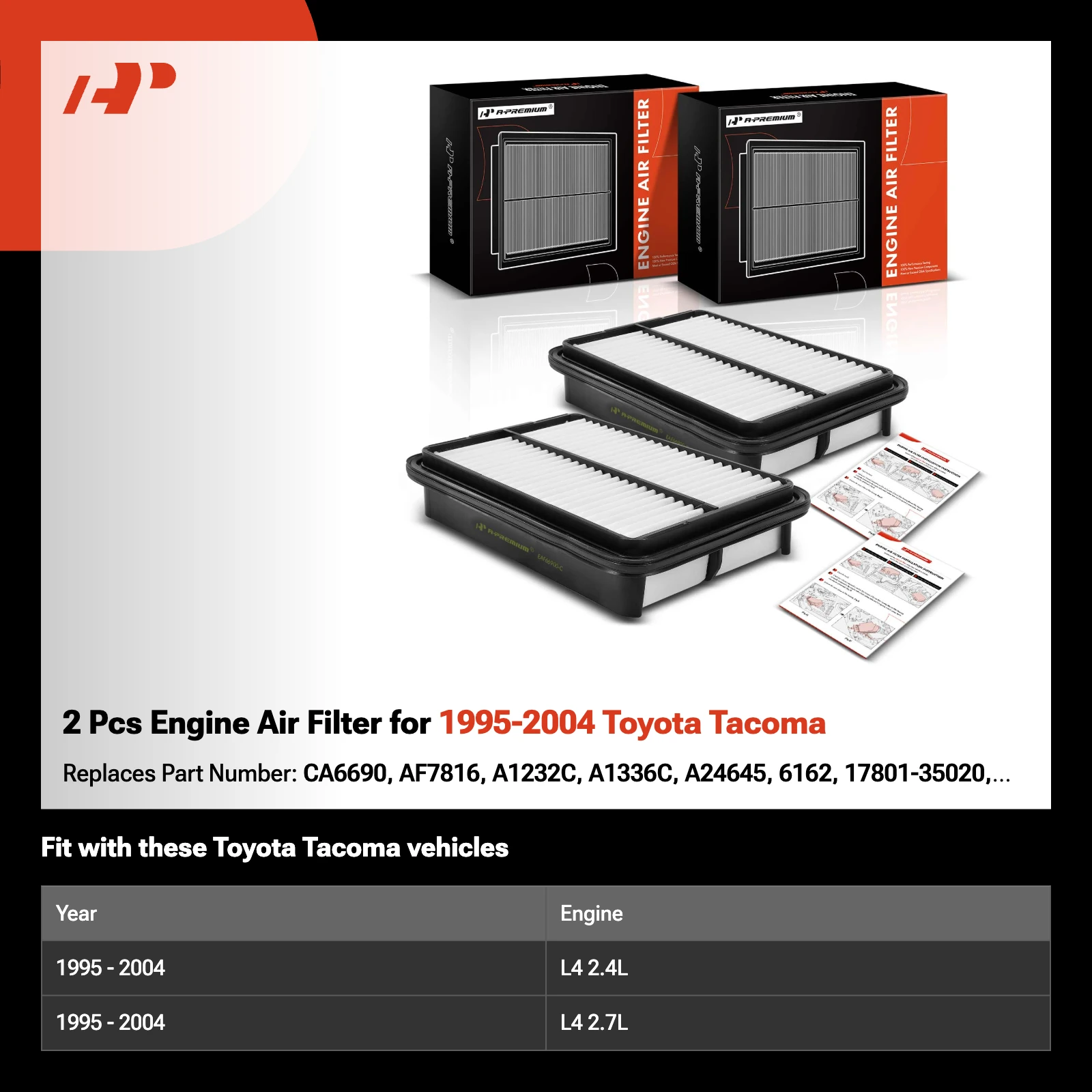 2 Pcs Engine Air Filter for 1995-2004 Toyota Tacoma