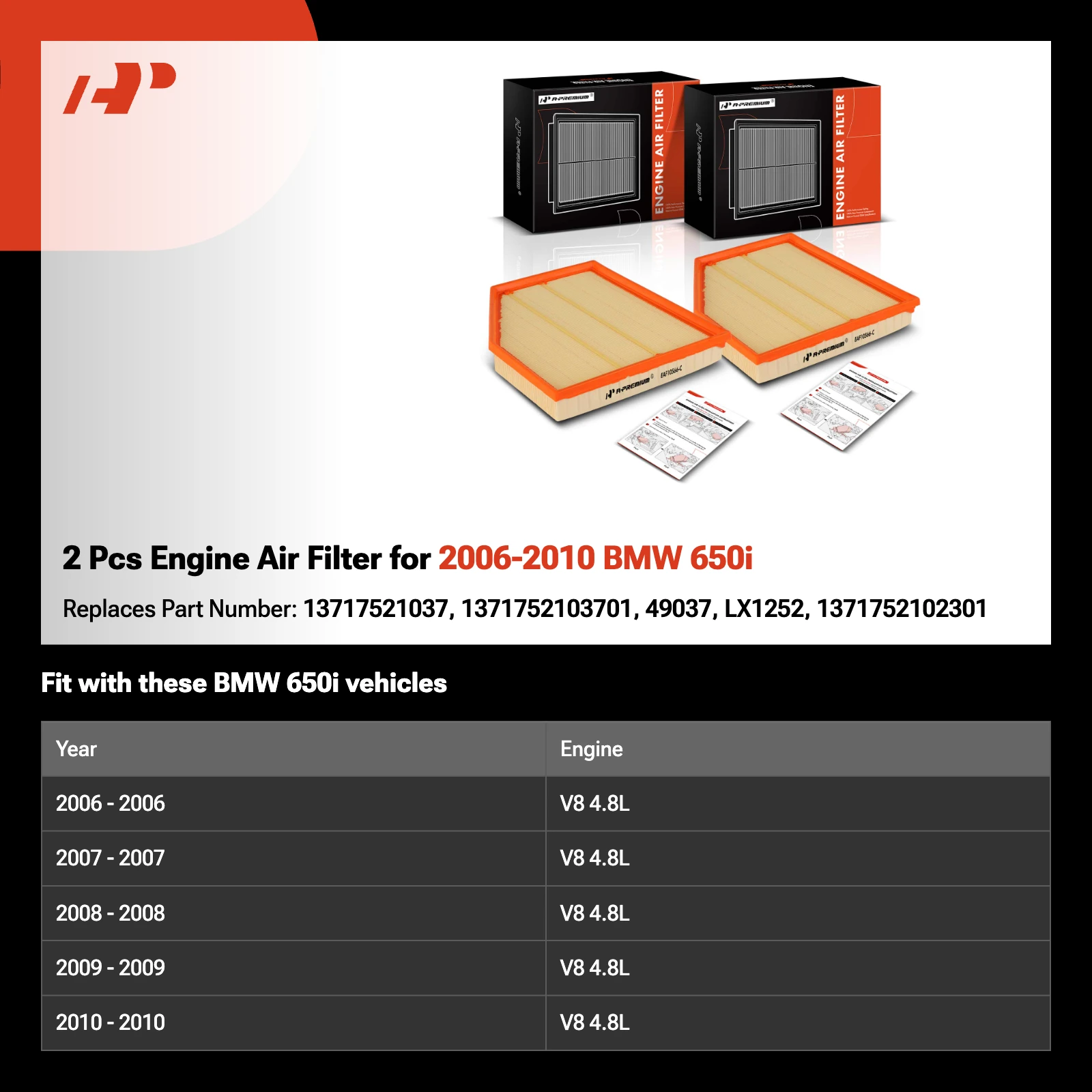 2 Pcs Engine Air Filter for 2006-2010 BMW 650i