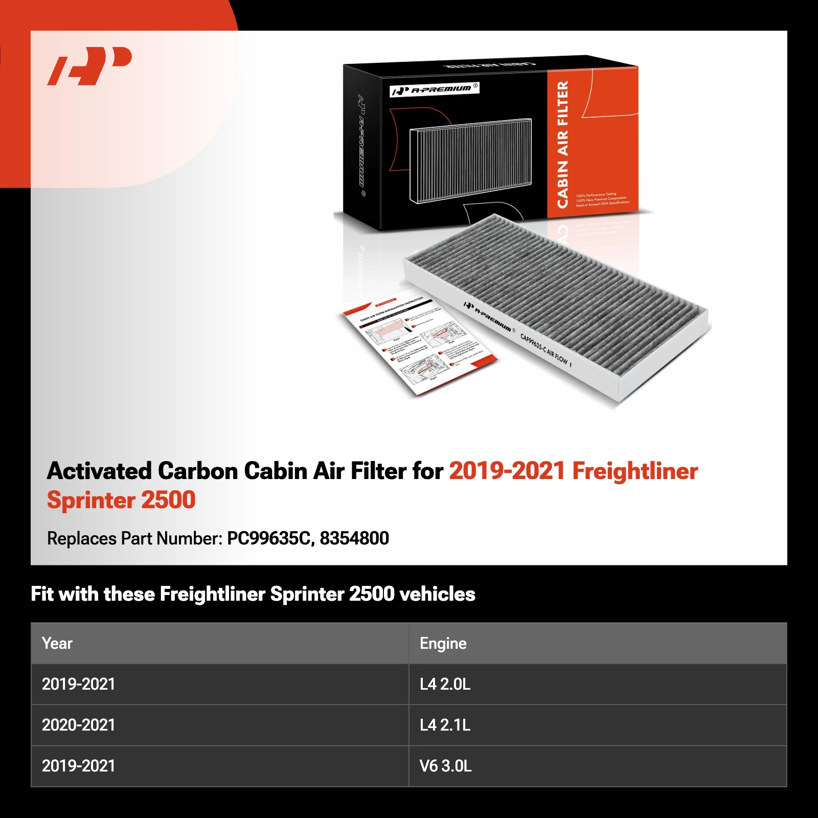 Activated Carbon Cabin Air Filter for 2019-2021 Freightliner Sprinter 2500