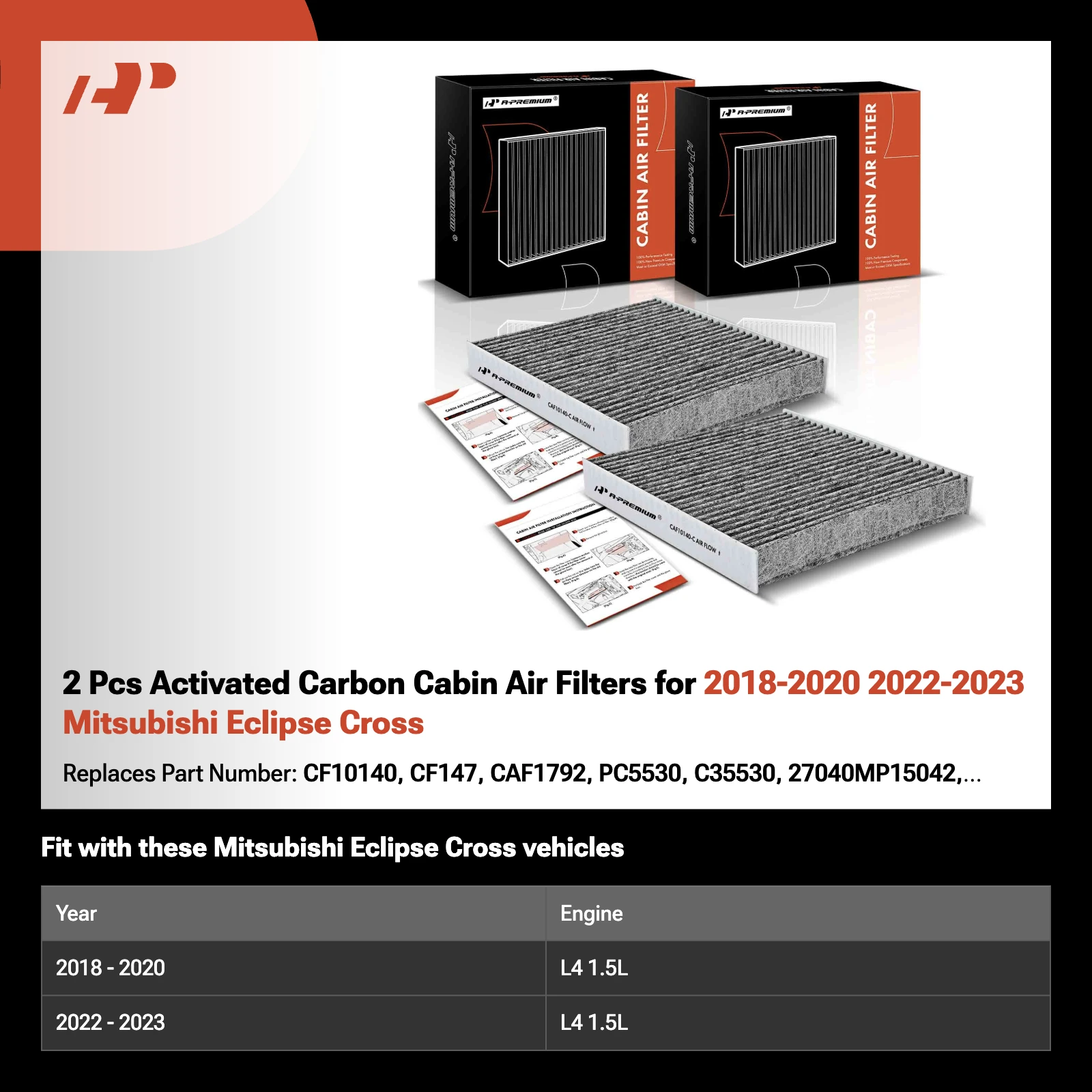 2 Pcs Activated Carbon Cabin Air Filters for 2018-2020 2022-2023 Mitsubishi Eclipse Cross