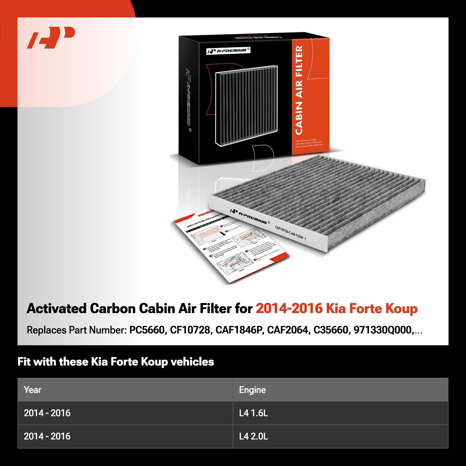 Activated Carbon Cabin Air Filter for 2014-2016 Kia Forte Koup