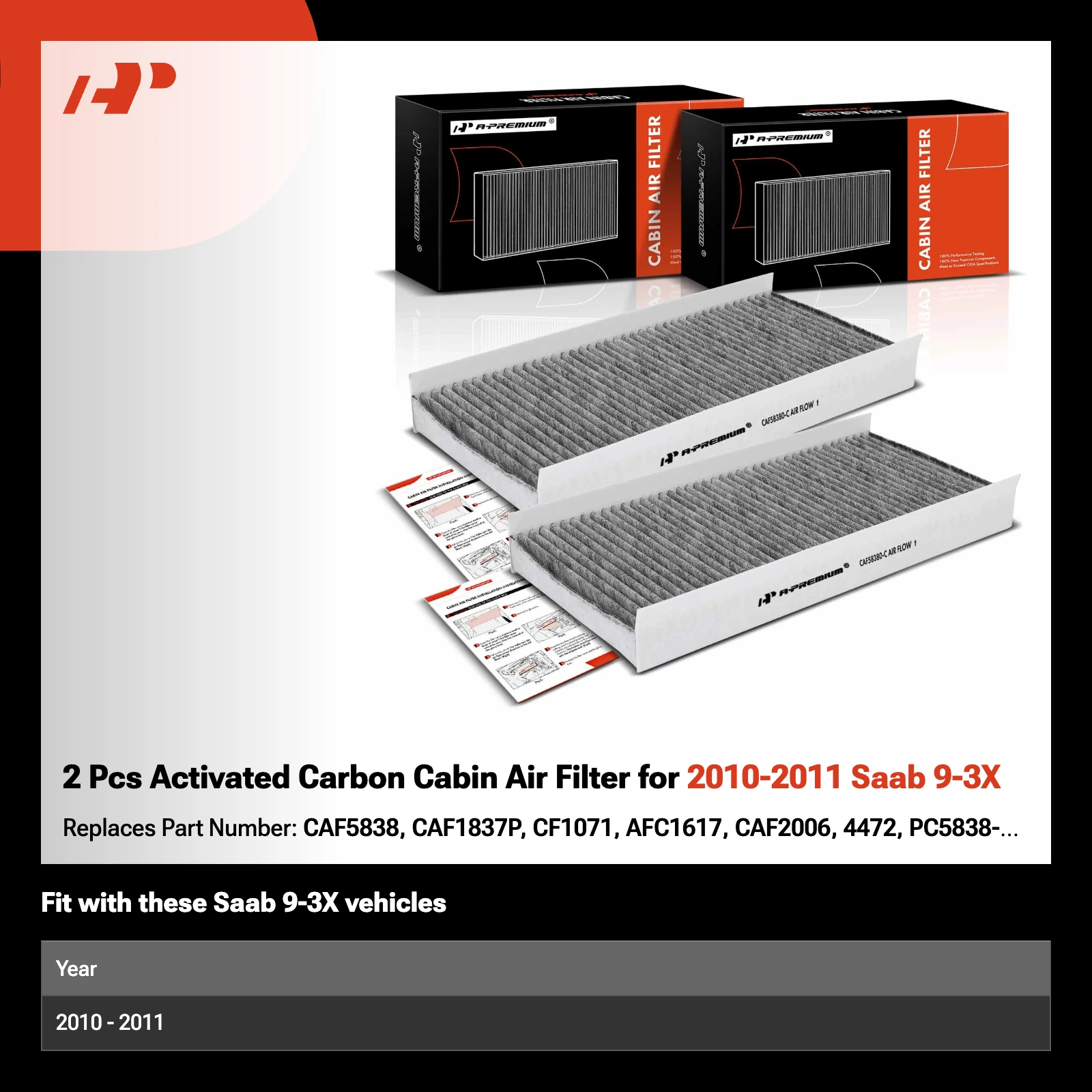 2 Pcs Activated Carbon Cabin Air Filter for 2010-2011 Saab 9-3X