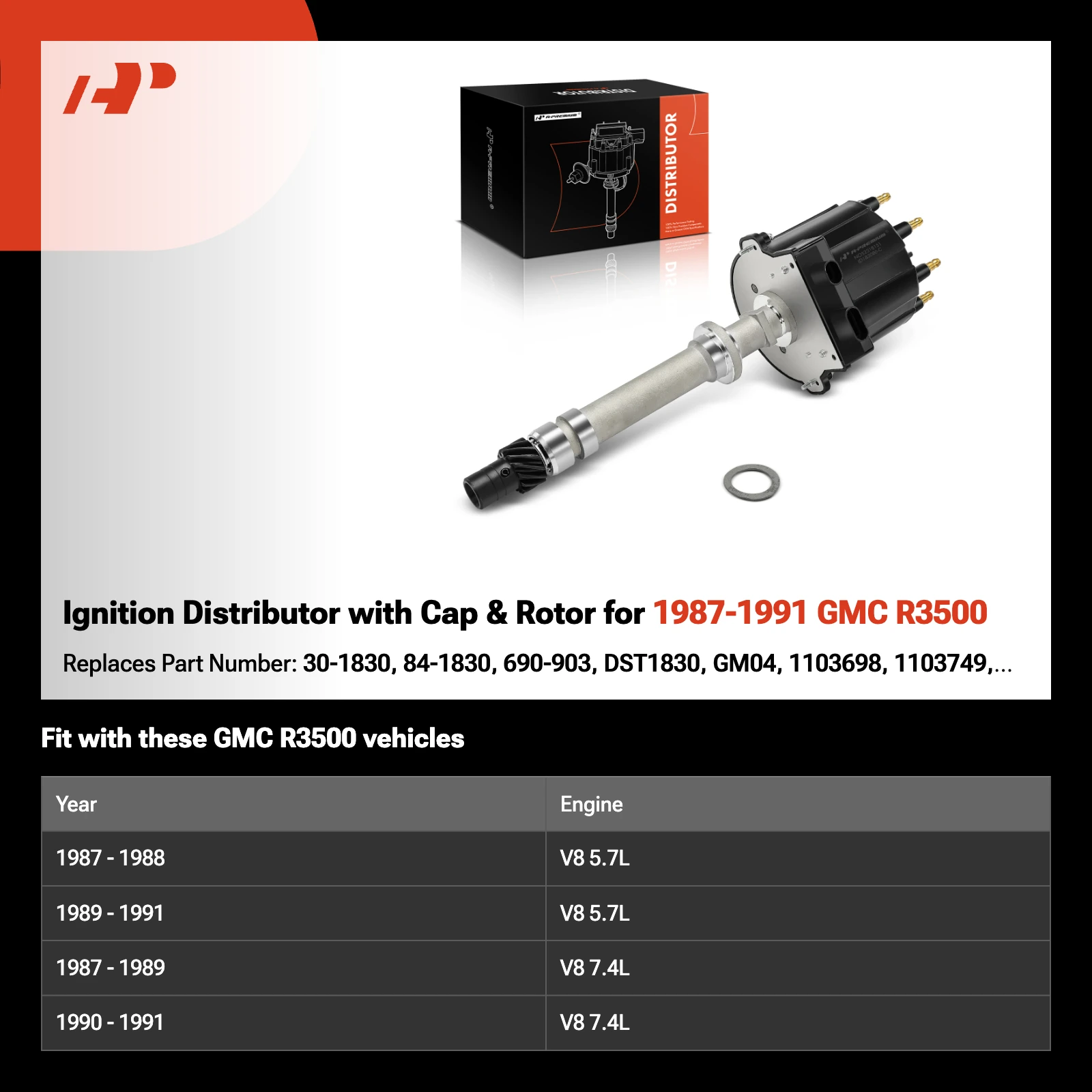 Ignition Distributor with Cap & Rotor for 1987-1991 GMC R3500