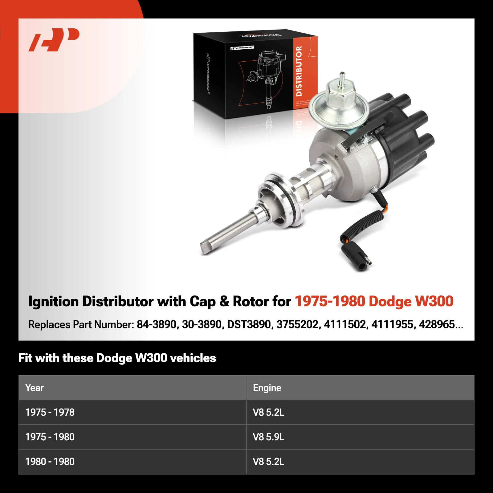 Ignition Distributor with Cap & Rotor for 1975-1980 Dodge W300