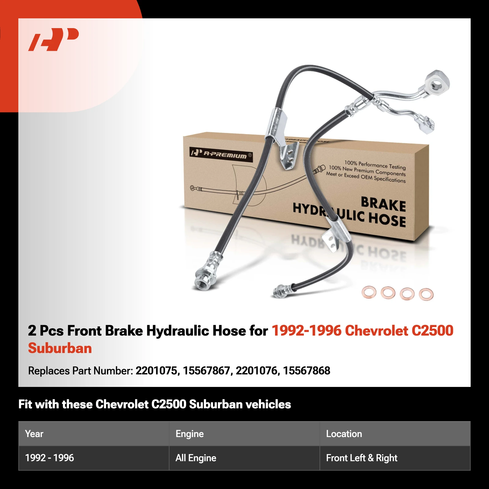 2 Pcs Front Brake Hydraulic Hose for 1992-1996 Chevrolet C2500 Suburban