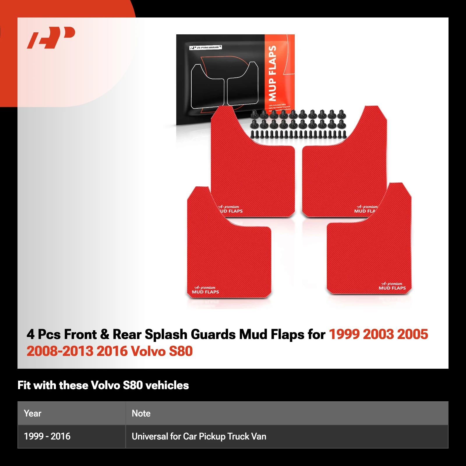 4 Pcs Front & Rear Splash Guards Mud Flaps for 1999 2003 2005 2008-2013 2016 Volvo S80