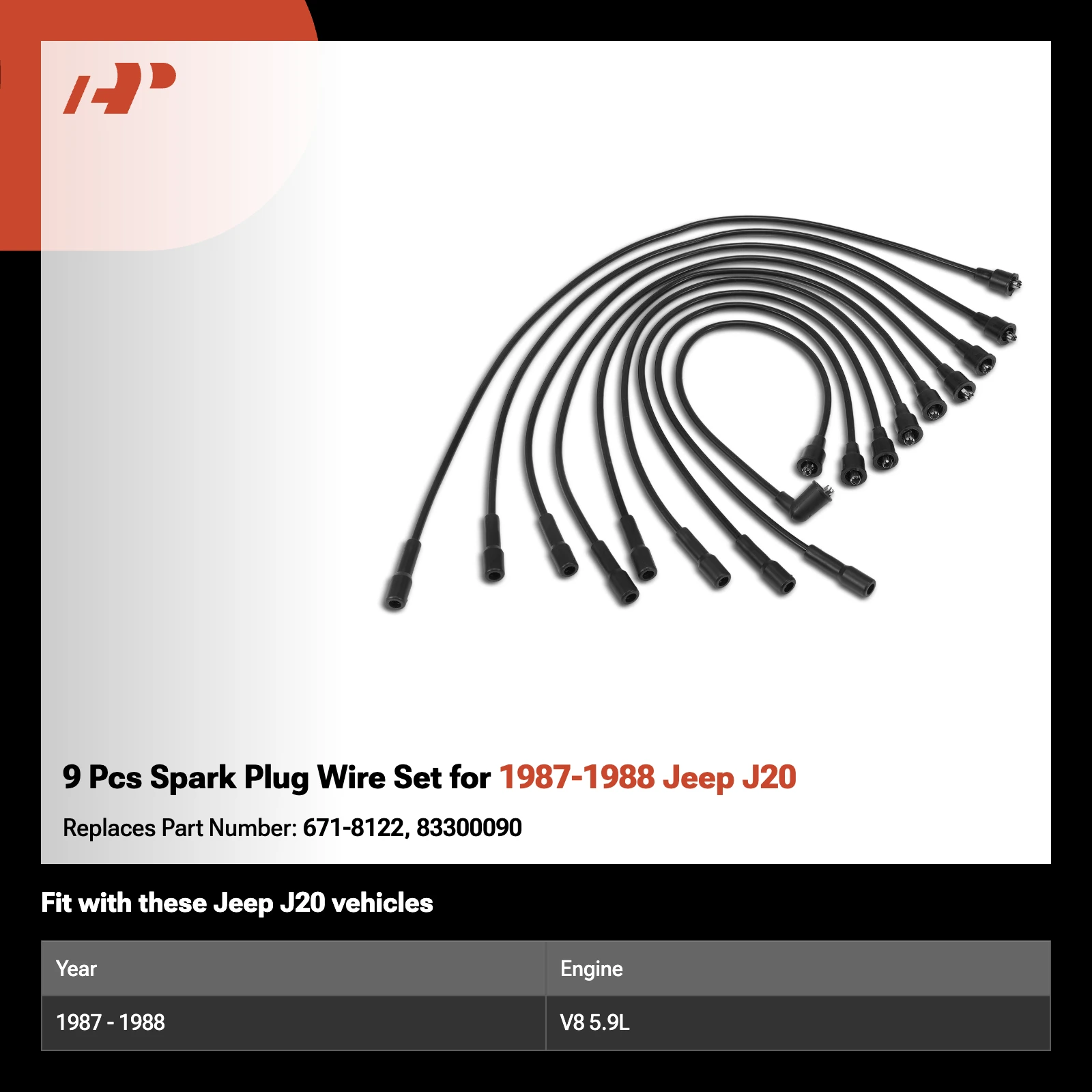 9 Pcs Spark Plug Wire Set for 1987-1988 Jeep J20