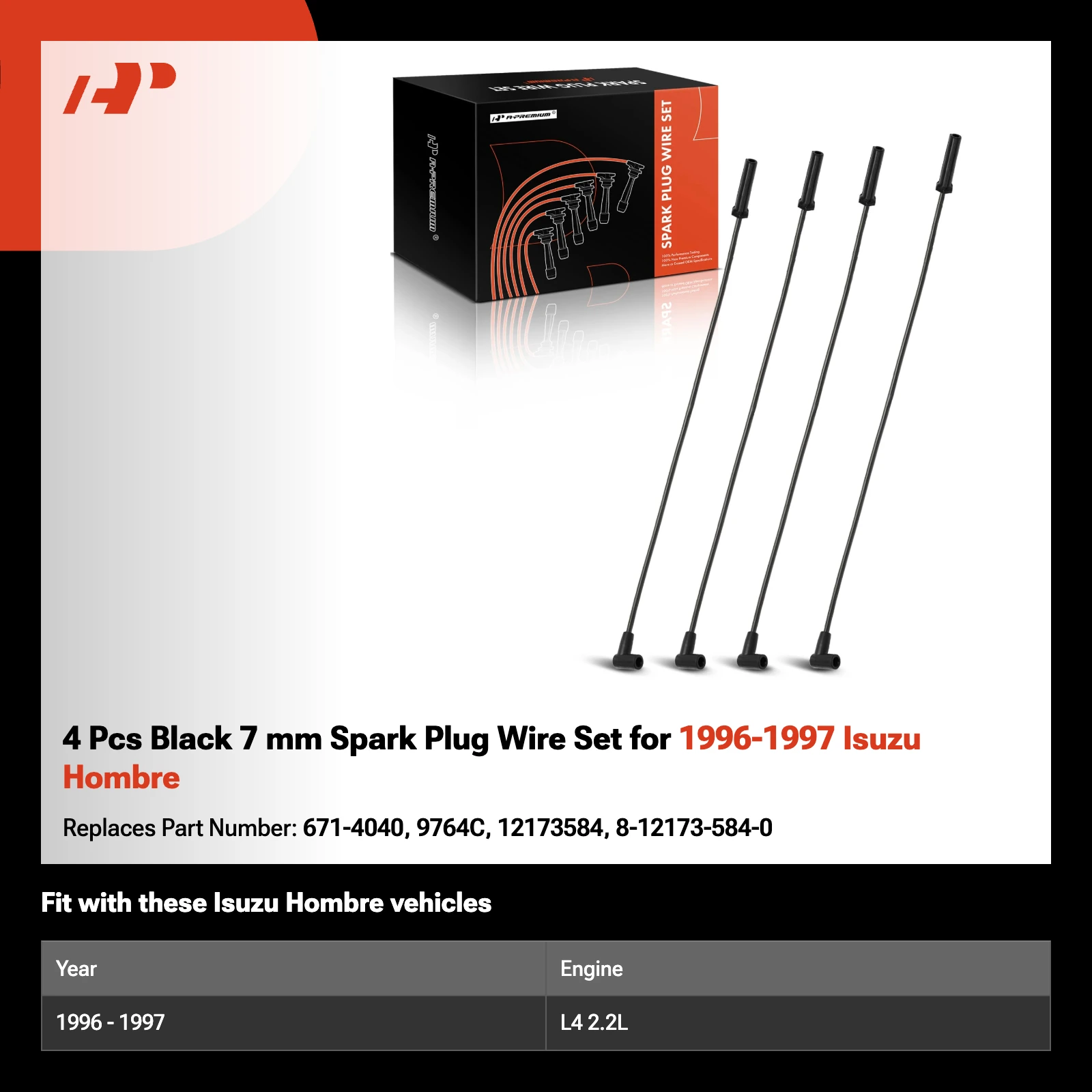 4 Pcs Black 7 mm Spark Plug Wire Set for 1996-1997 Isuzu Hombre