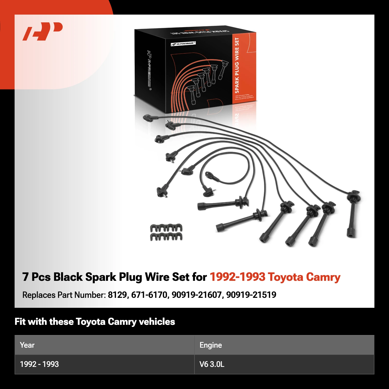 7 Pcs Black Spark Plug Wire Set for 1992-1993 Toyota Camry