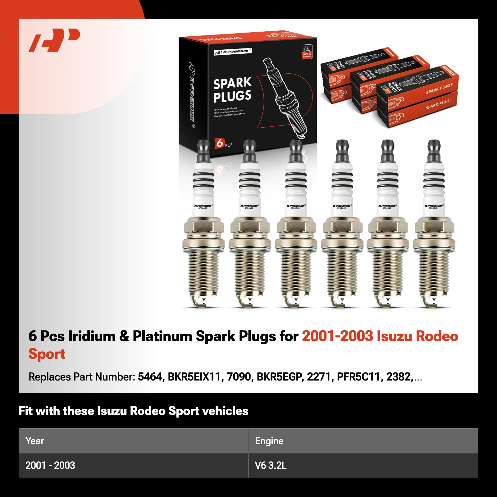 6 Pcs Iridium & Platinum Spark Plugs for 2001-2003 Isuzu Rodeo Sport