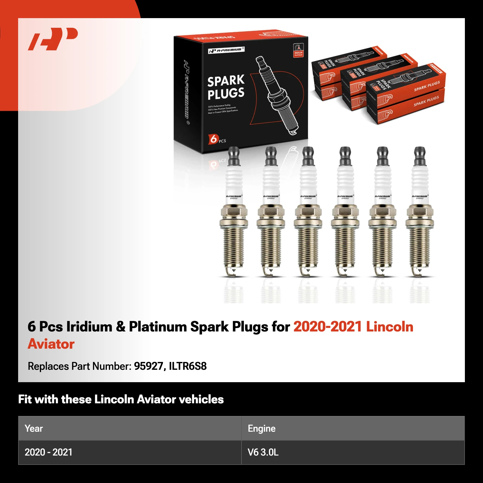 6 Pcs Iridium & Platinum Spark Plugs for 2020-2021 Lincoln Aviator