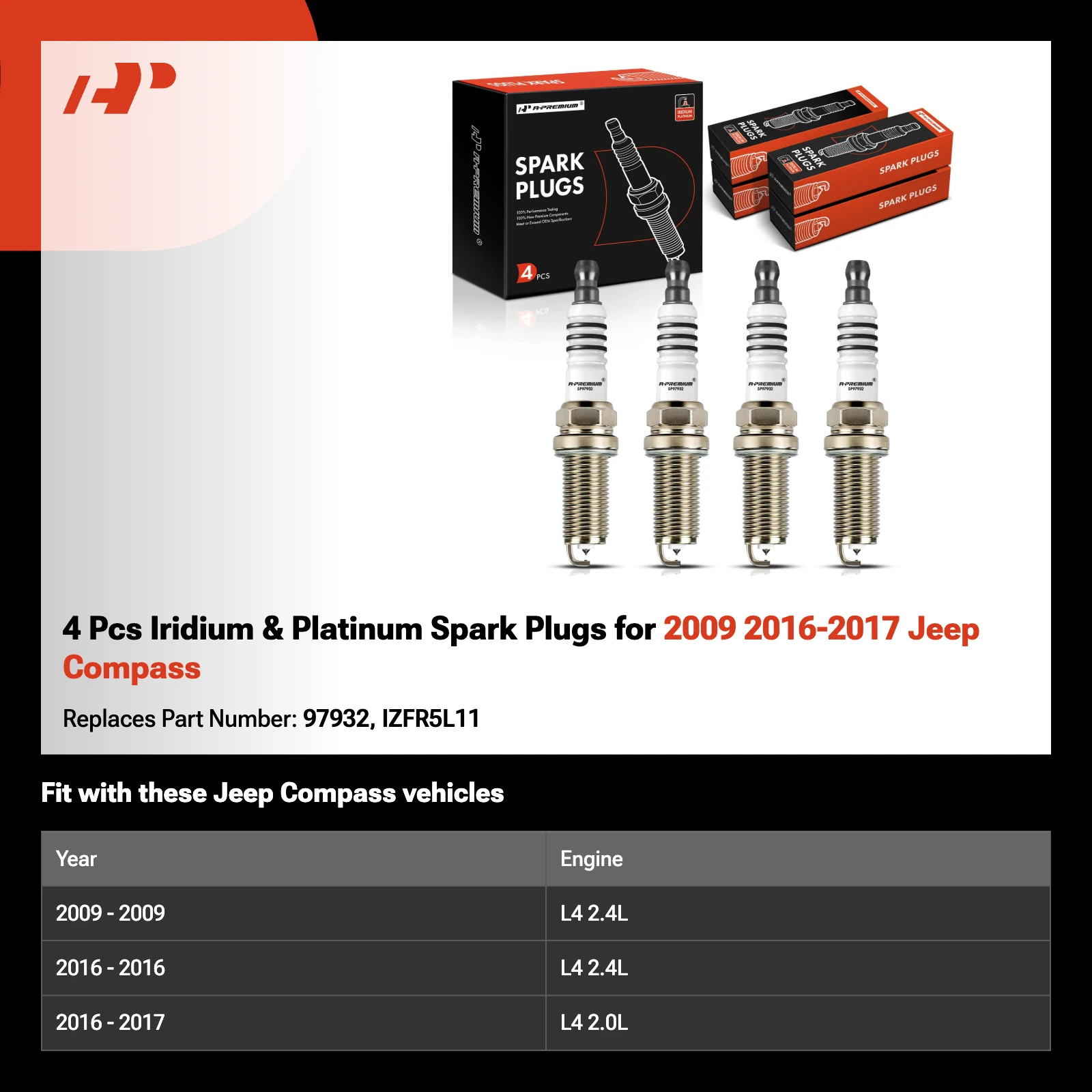 4 Pcs Iridium & Platinum Spark Plugs for 2009 2016-2017 Jeep Compass