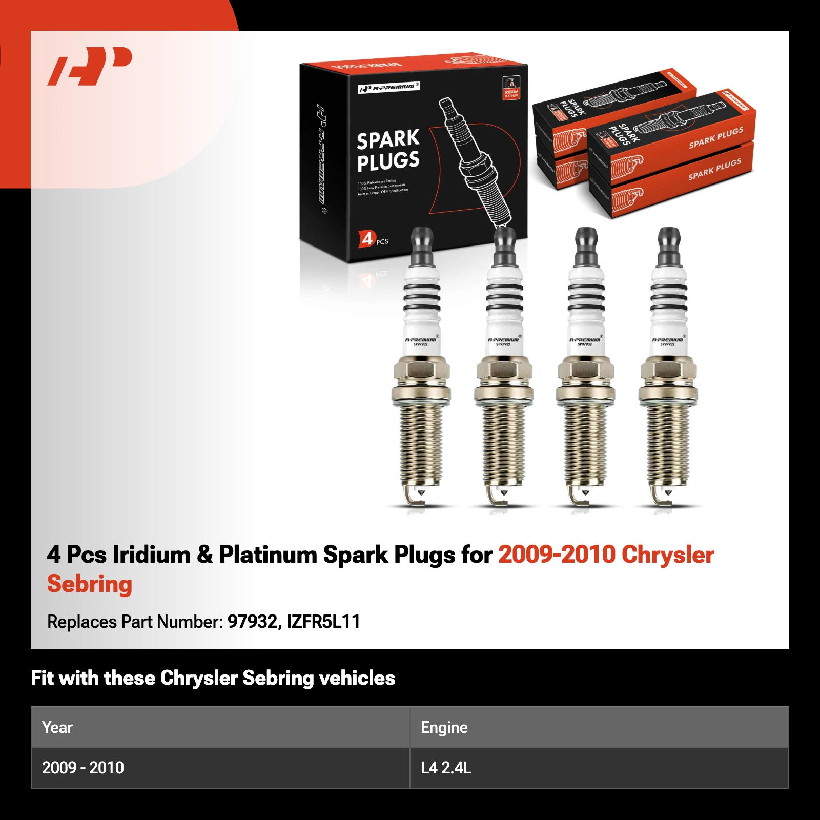4 Pcs Iridium & Platinum Spark Plugs for 2009-2010 Chrysler Sebring