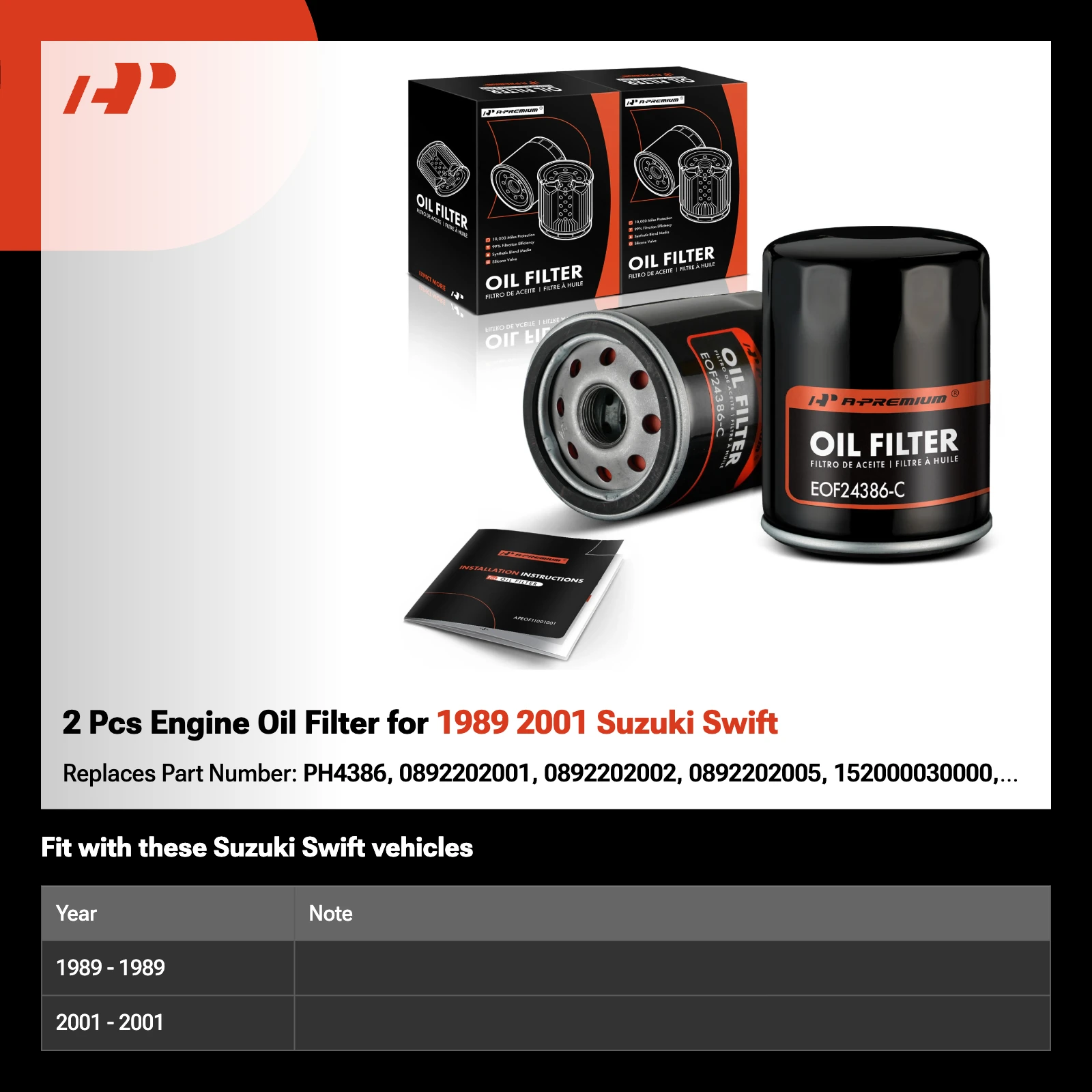 2 Pcs Engine Oil Filter for 1989 2001 Suzuki Swift