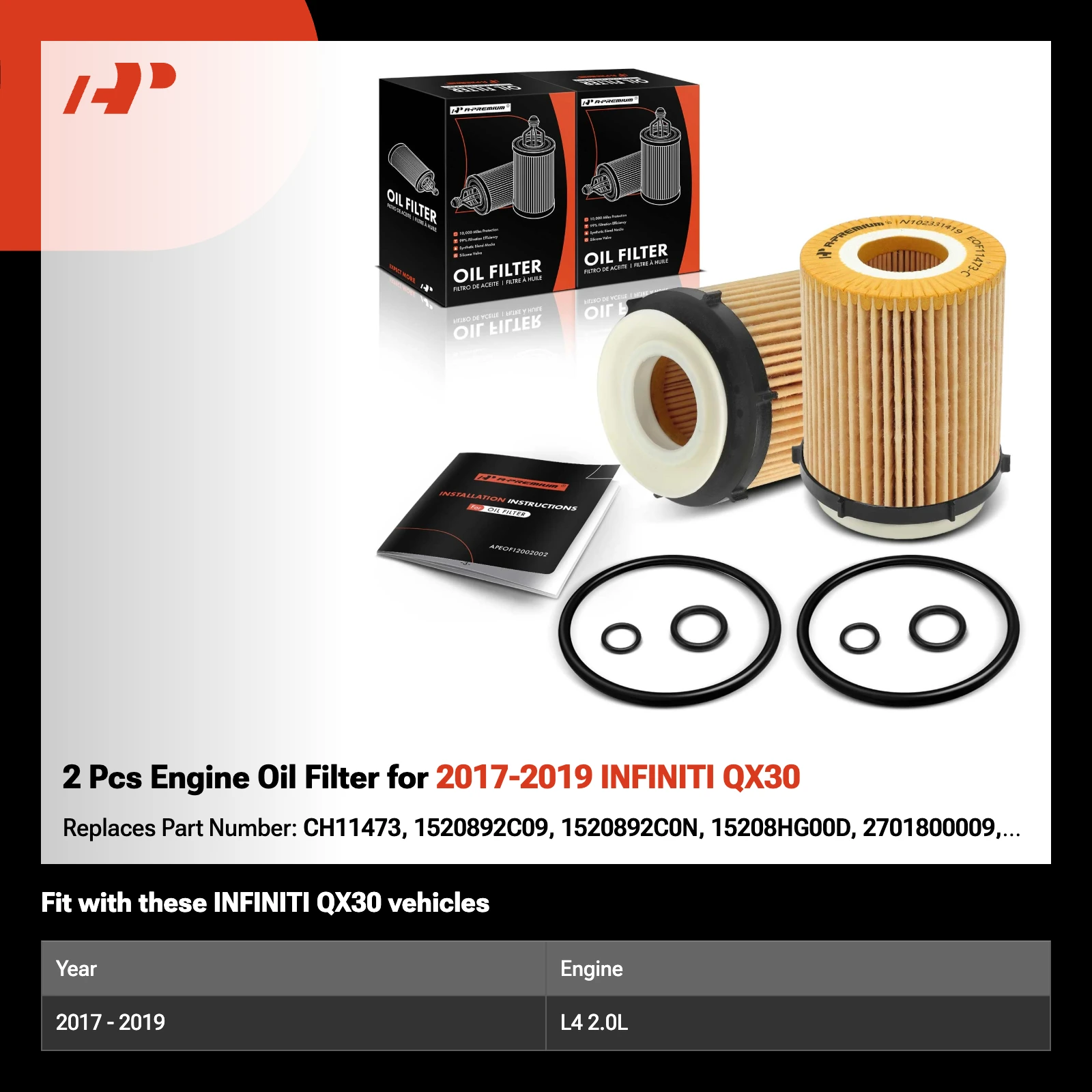 2 Pcs Engine Oil Filter for 2017-2019 INFINITI QX30