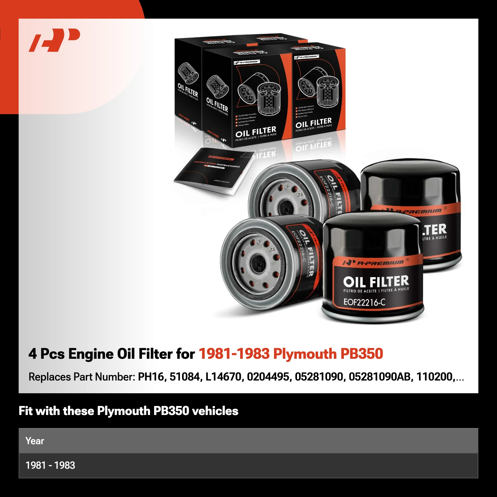 4 Pcs Engine Oil Filter for 1981-1983 Plymouth PB350