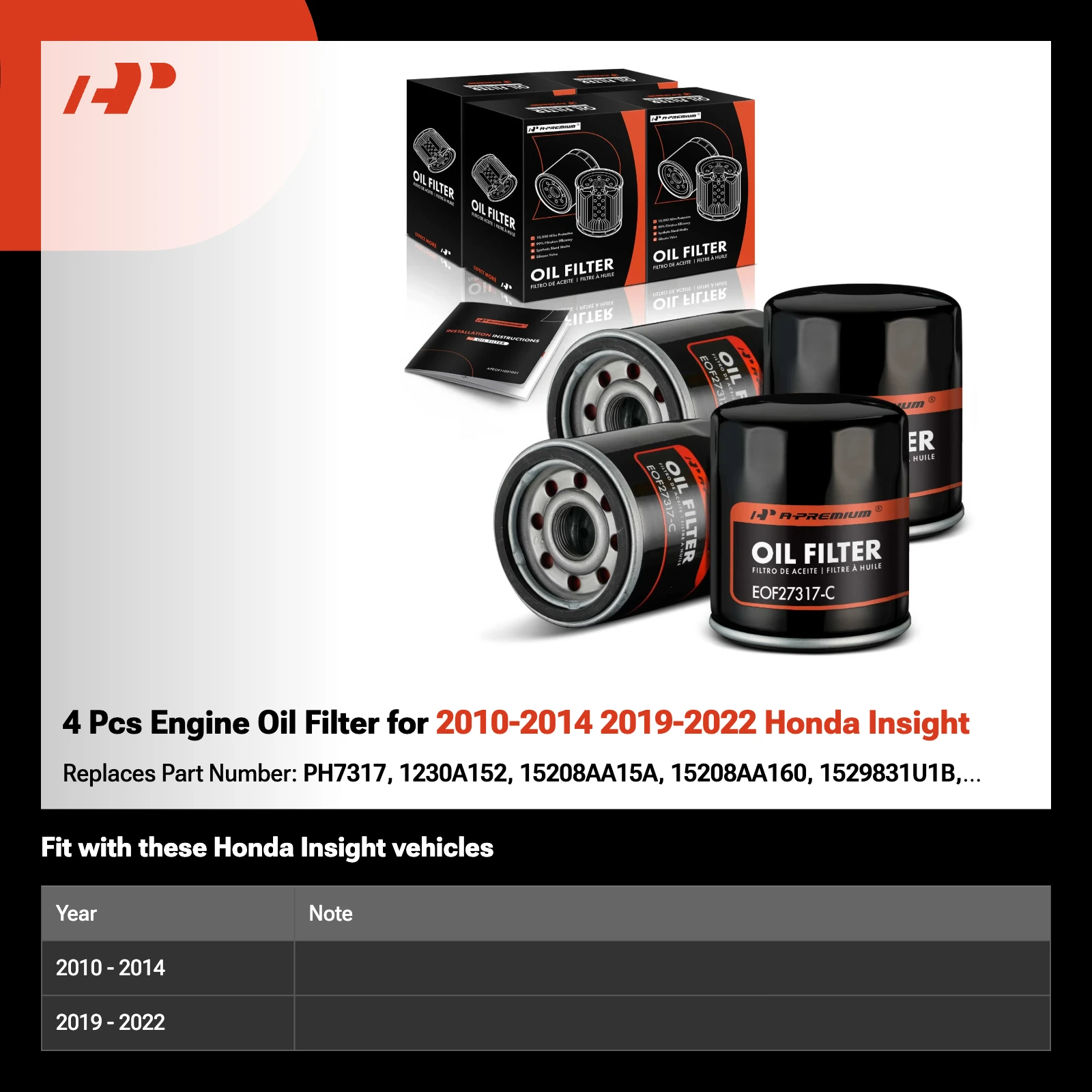 4 Pcs Engine Oil Filter for 2010-2014 2019-2022 Honda Insight