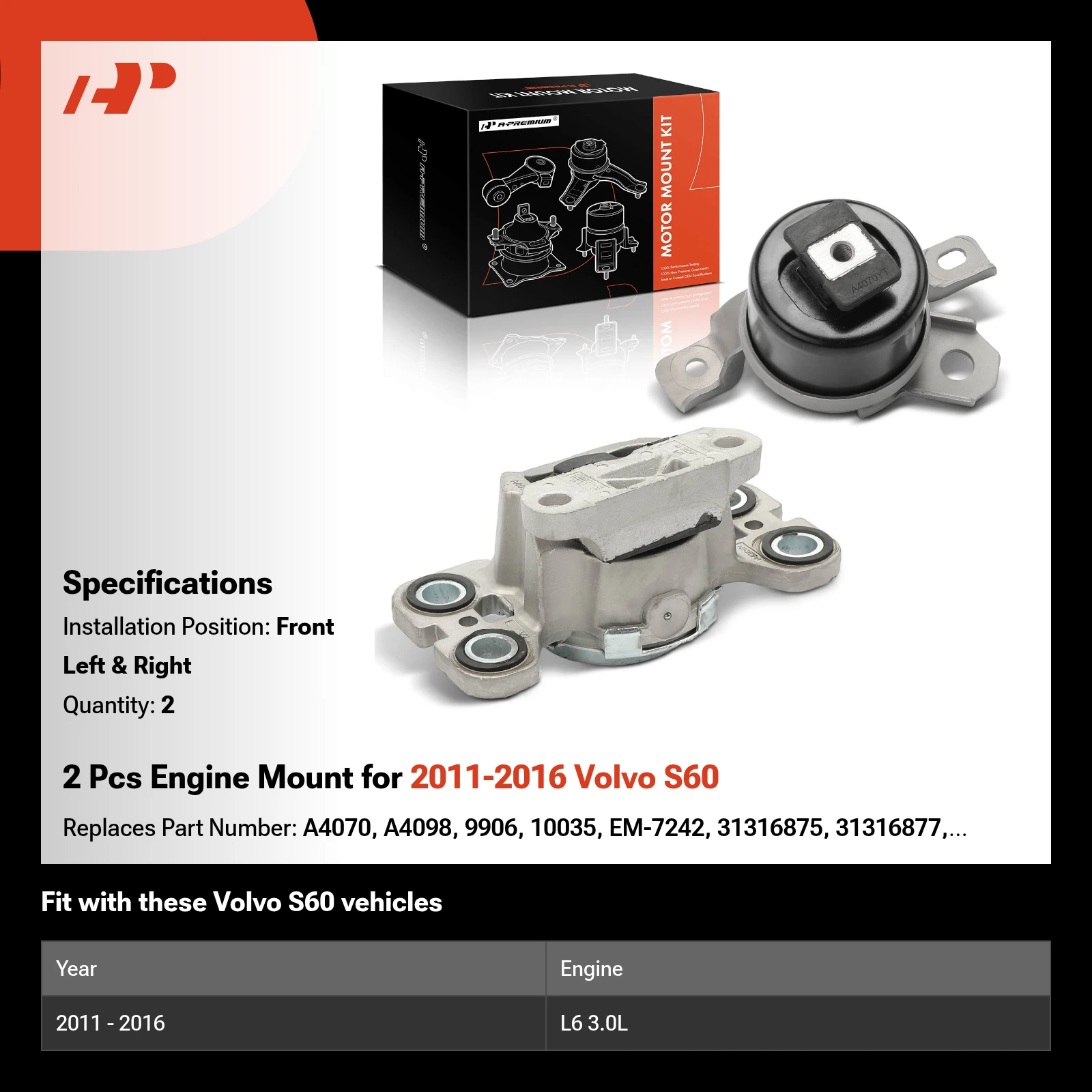 2 Pcs Engine Mount for 2011-2016 Volvo S60