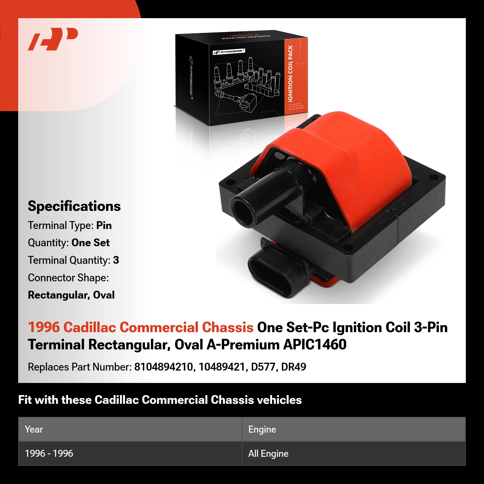 1996 Cadillac Commercial Chassis One Set-Pc Ignition Coil 3-Pin Terminal Rectangular, Oval A-Premium APIC1460