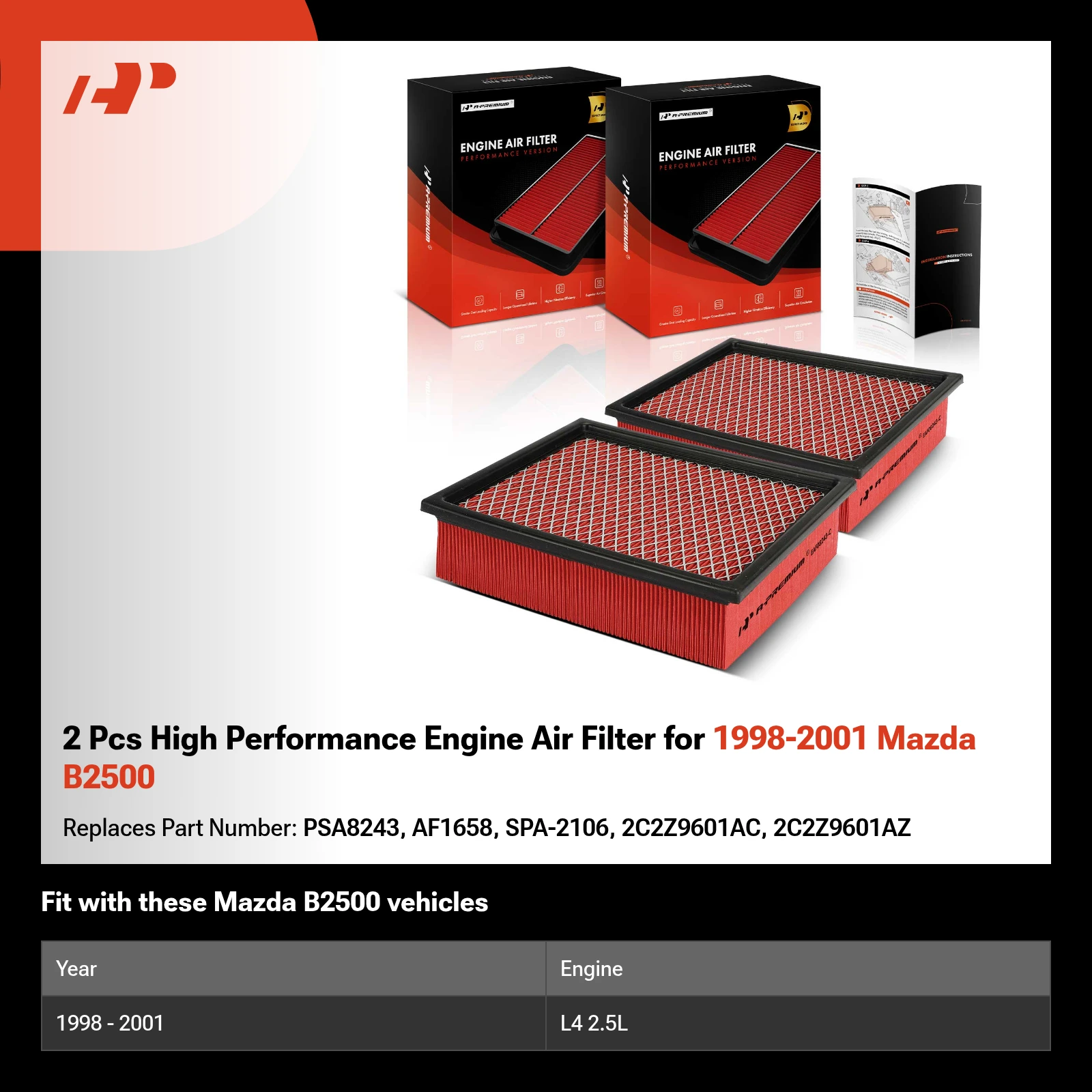 2 Pcs High Performance Engine Air Filter for 1998-2001 Mazda B2500