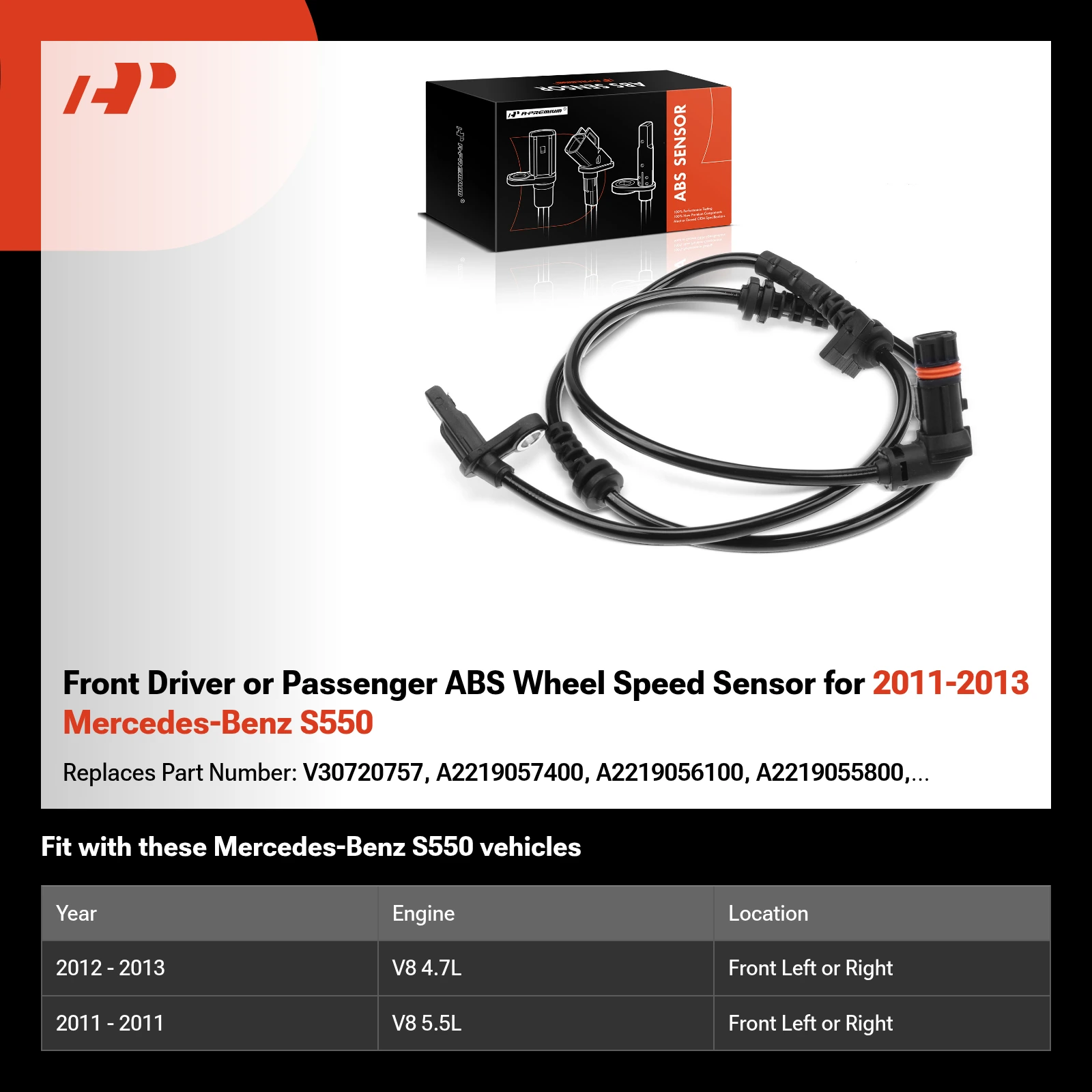 Front Driver or Passenger ABS Wheel Speed Sensor for 2011-2013 Mercedes-Benz S550