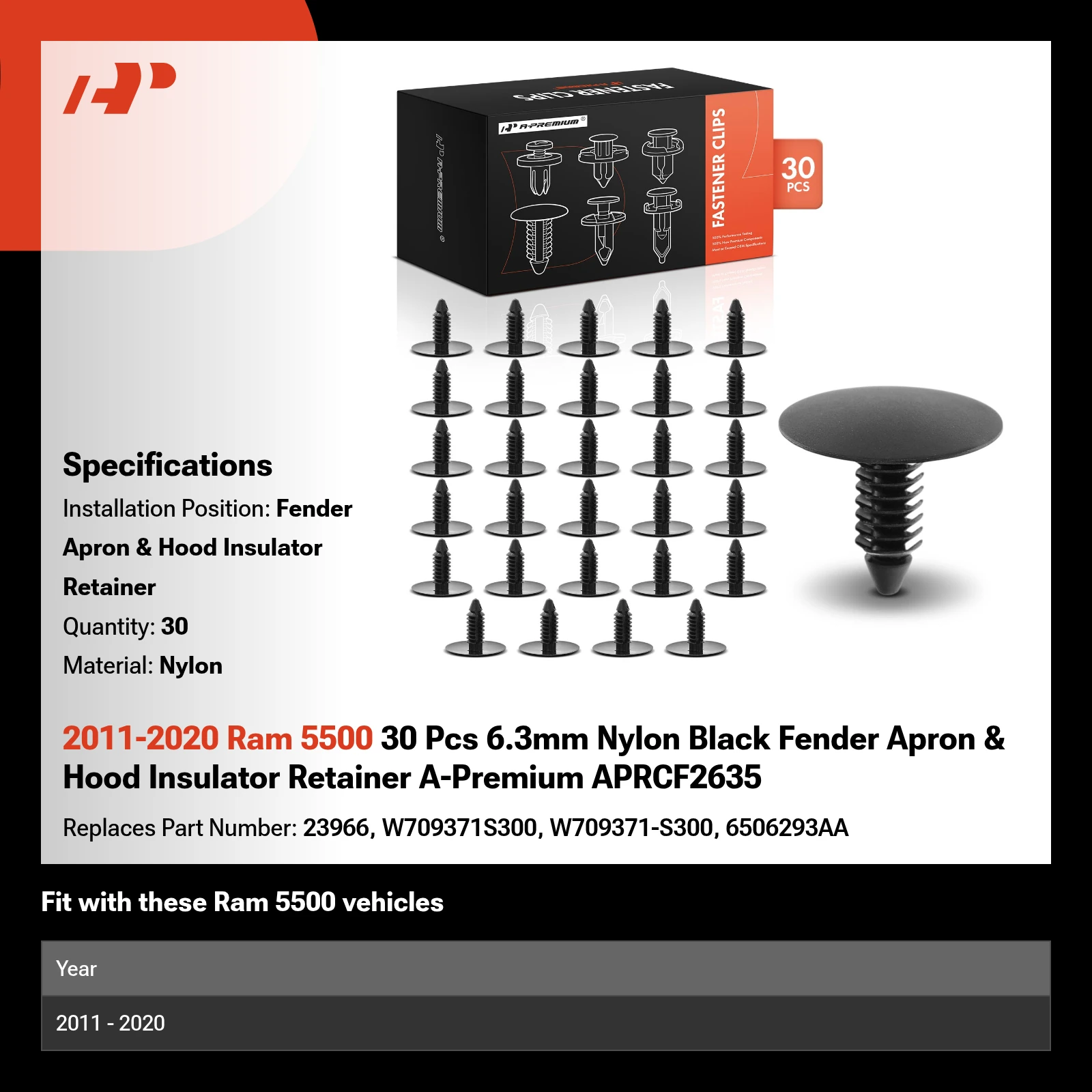 2011-2020 Ram 5500 30 Pcs 6.3mm Nylon Black Fender Apron & Hood Insulator Retainer A-Premium APRCF2635