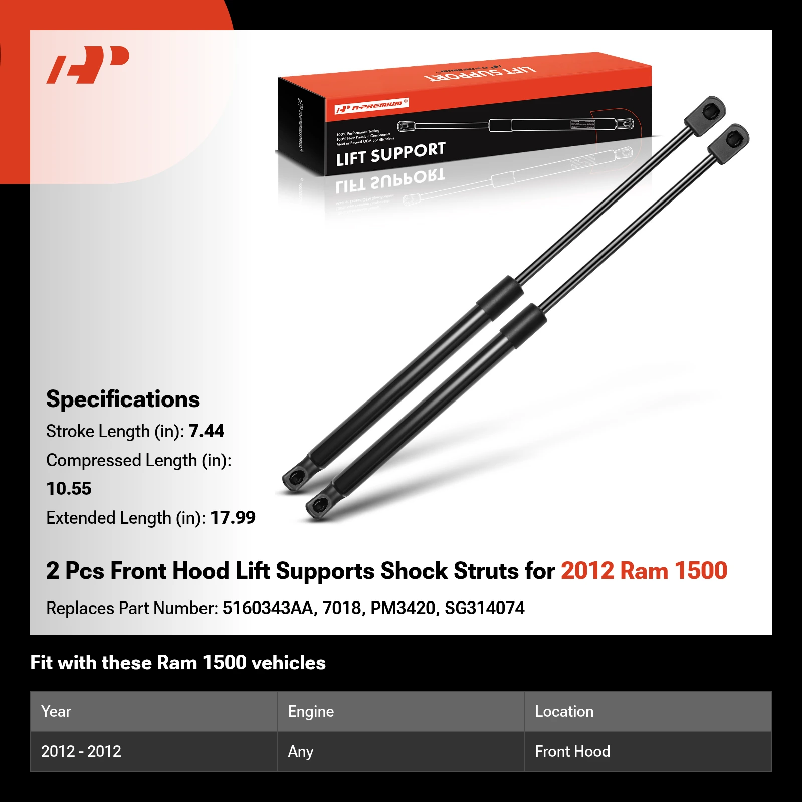 2 Pcs Front Hood Lift Supports Shock Struts for 2012 Ram 1500