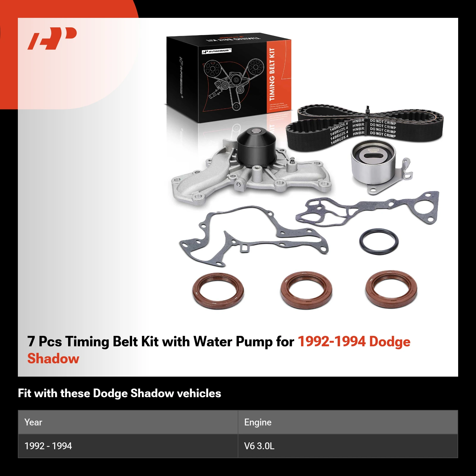 7 Pcs Timing Belt Kit with Water Pump for 1992-1994 Dodge Shadow