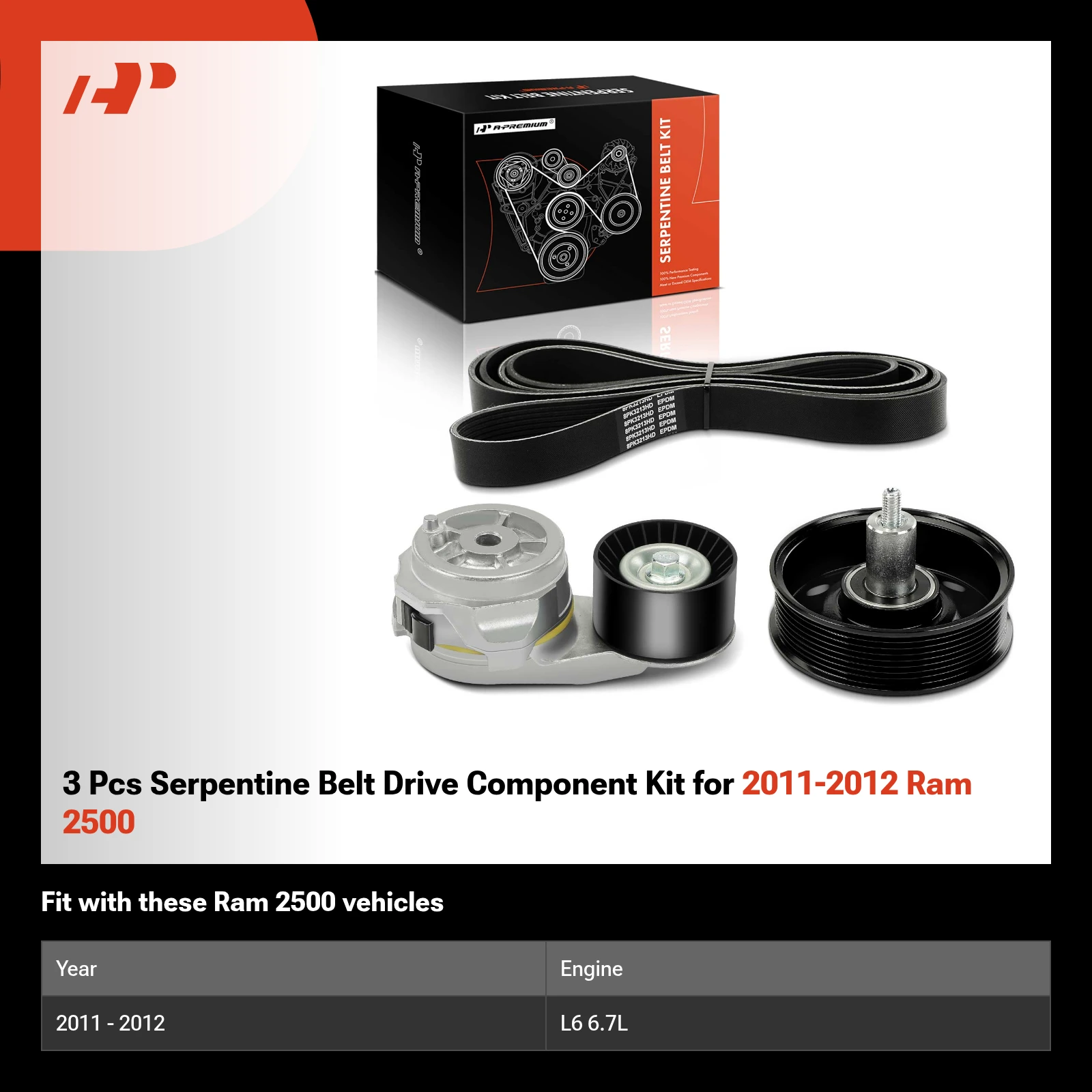 3 Pcs Serpentine Belt Drive Component Kit for 2011-2012 Ram 2500