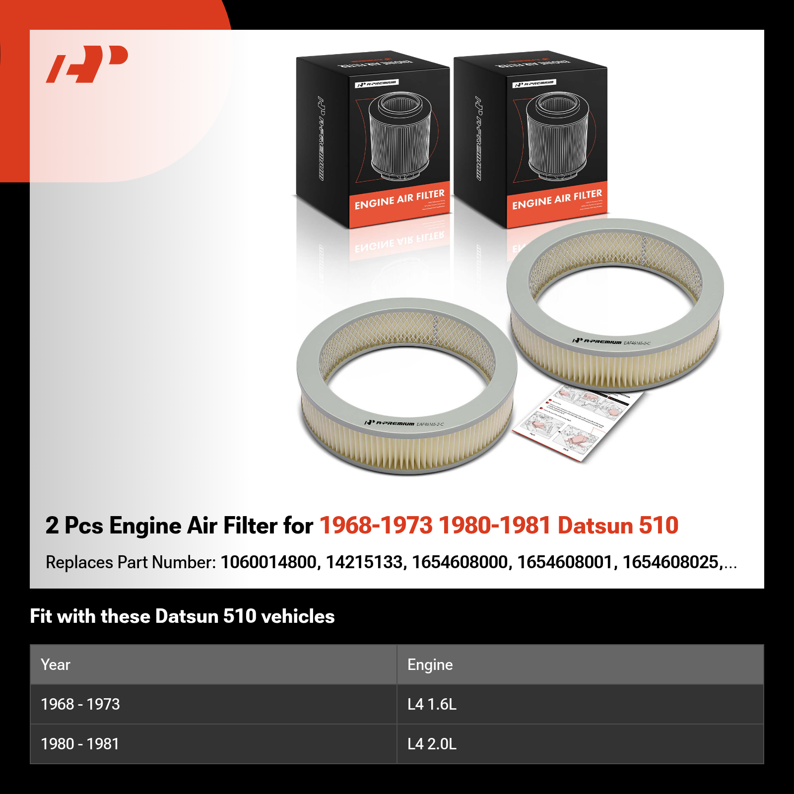 2 Pcs Engine Air Filter for 1968-1973 1980-1981 Datsun 510