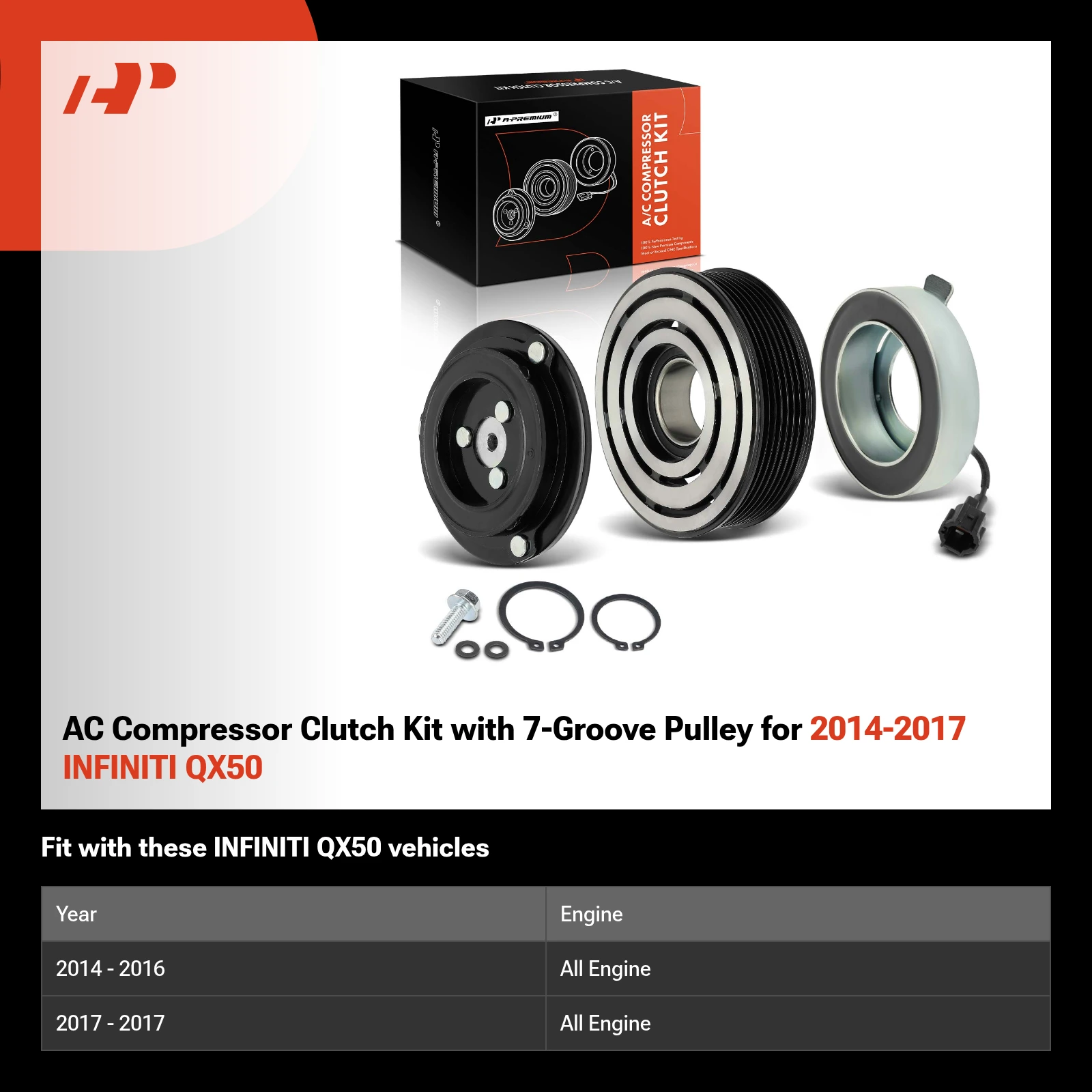 AC Compressor Clutch Kit with 7-Groove Pulley for 2014-2017 INFINITI QX50