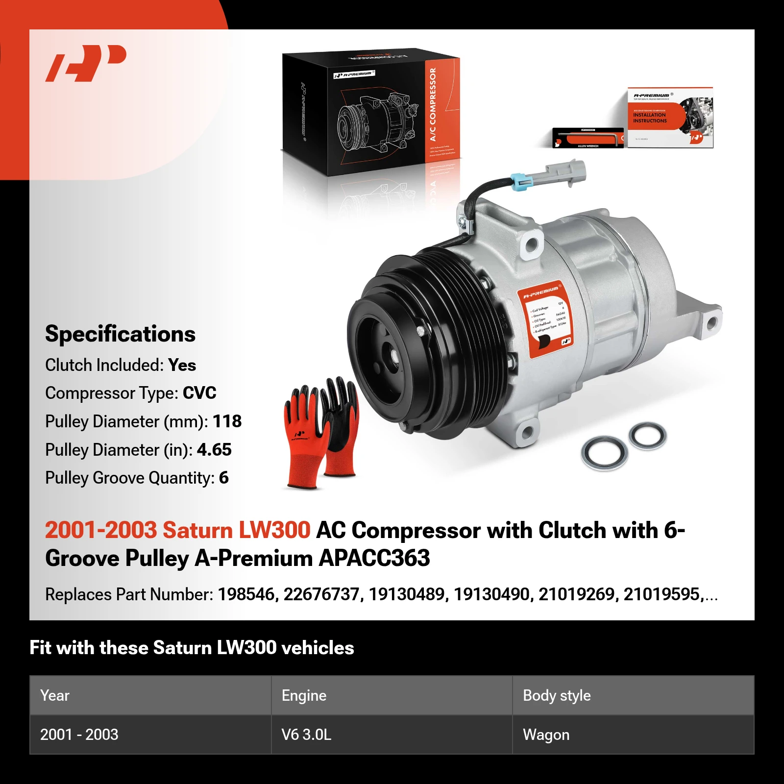 2001-2003 Saturn LW300 AC Compressor with Clutch with 6-Groove Pulley A-Premium APACC363