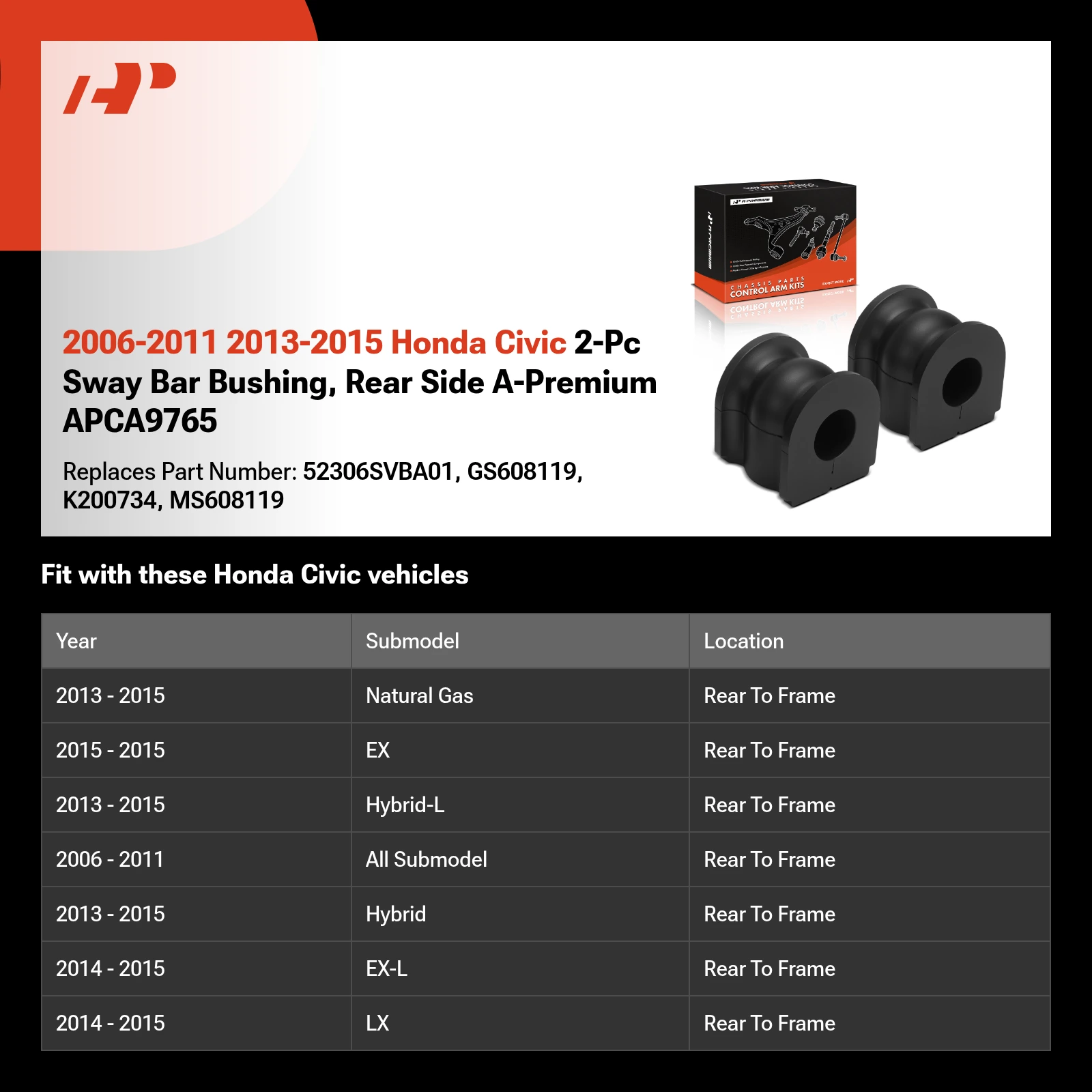 2006-2011 2013-2015 Honda Civic 2-Pc Sway Bar Bushing, Rear Side A-Premium APCA9765