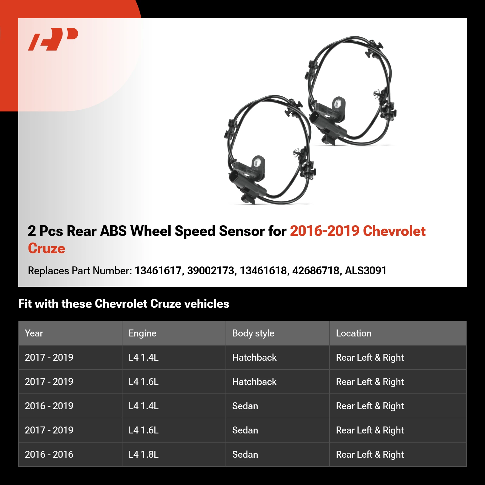 2 Pcs Rear ABS Wheel Speed Sensor for 2016-2019 Chevrolet Cruze