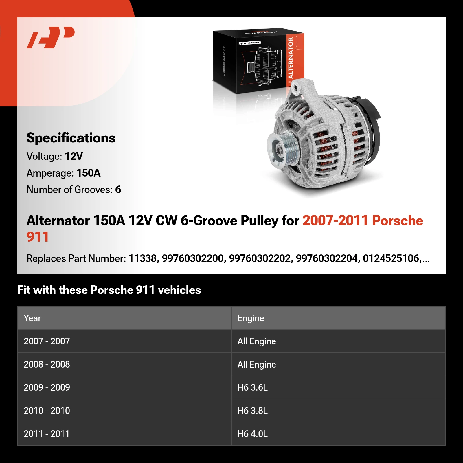 Alternator 150A 12V CW 6-Groove Pulley for 2007-2011 Porsche 911