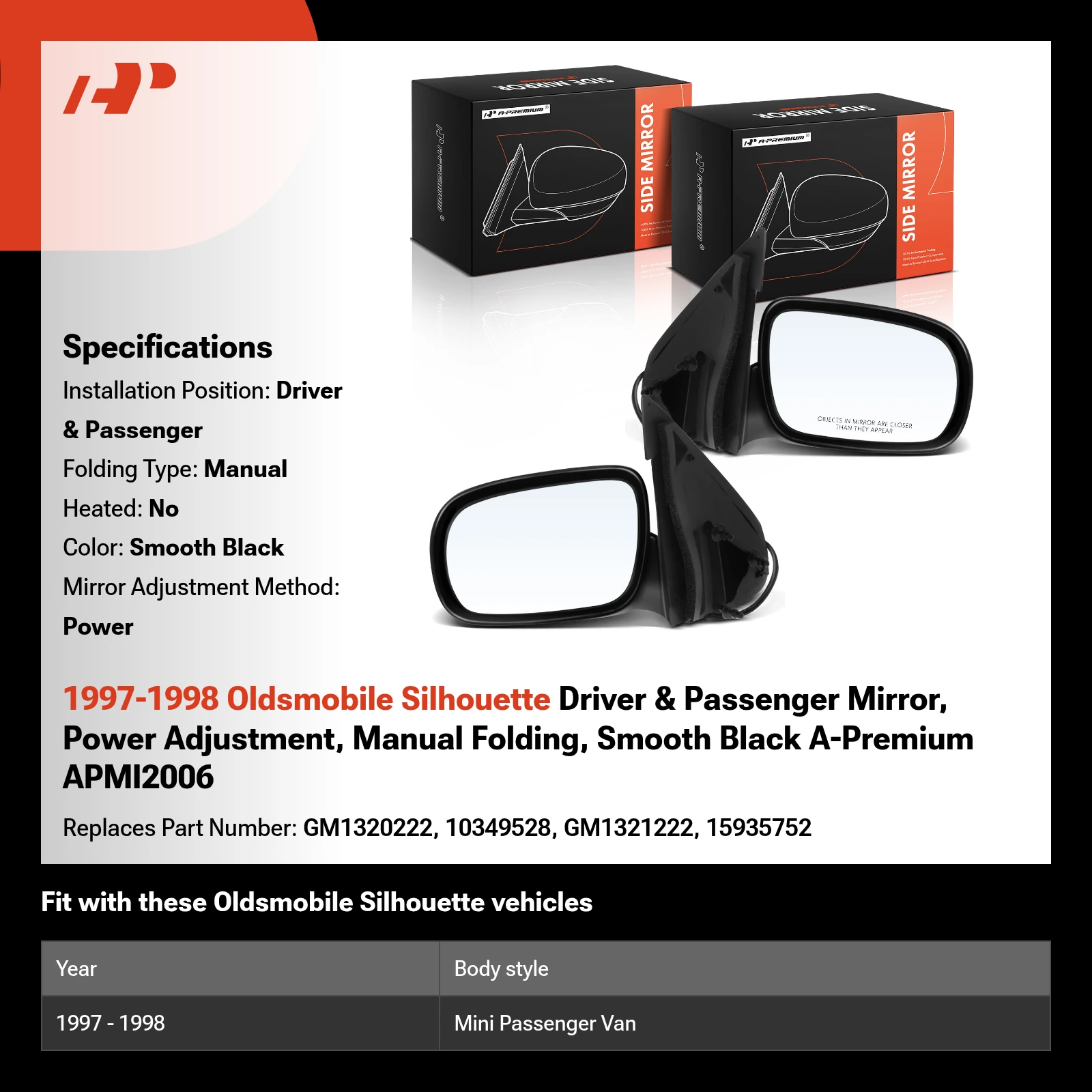 1997-1998 Oldsmobile Silhouette Driver & Passenger Mirror, Power Adjustment, Manual Folding, Smooth Black A-Premium APMI2006
