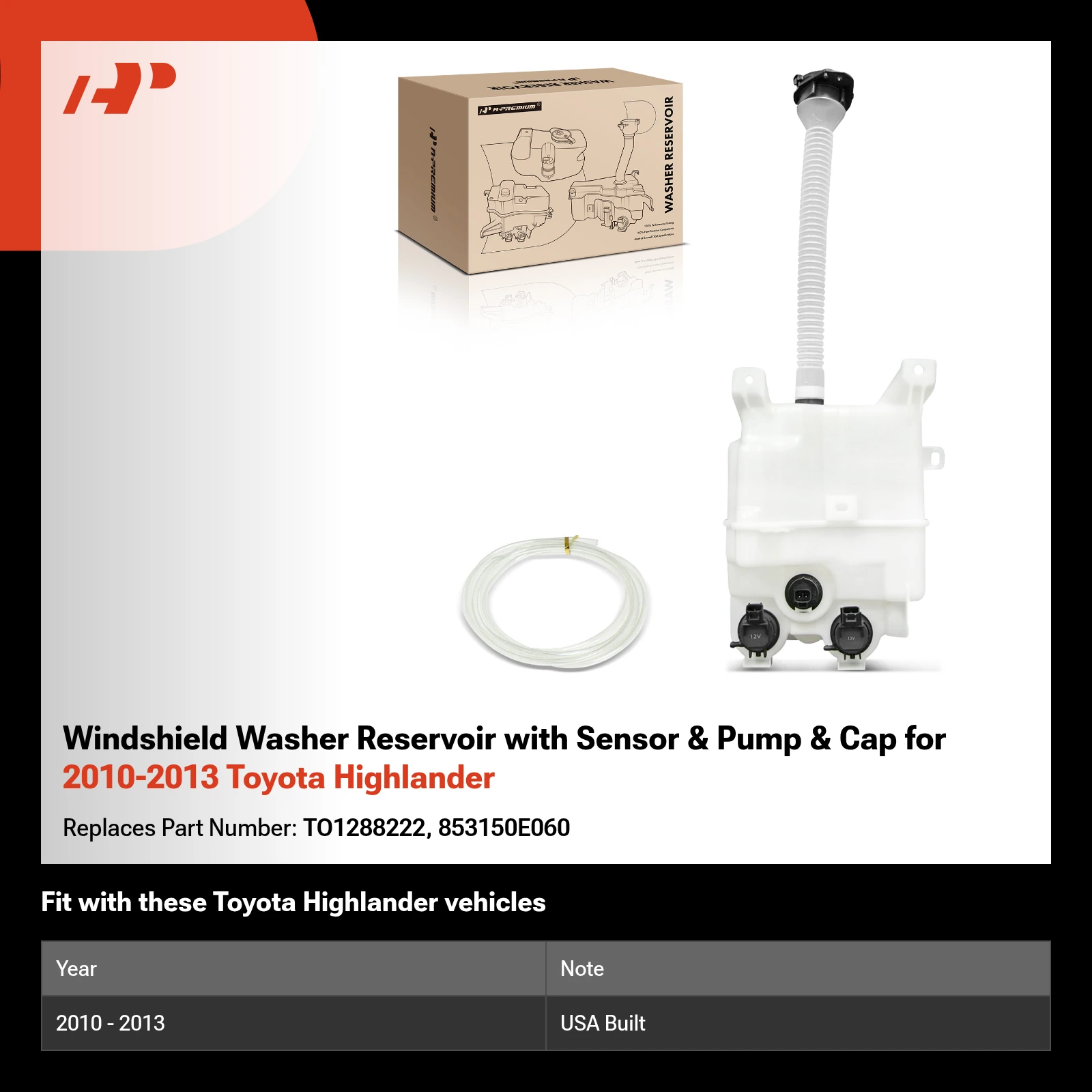 Windshield Washer Reservoir with Sensor & Pump & Cap for 2010-2013 Toyota Highlander