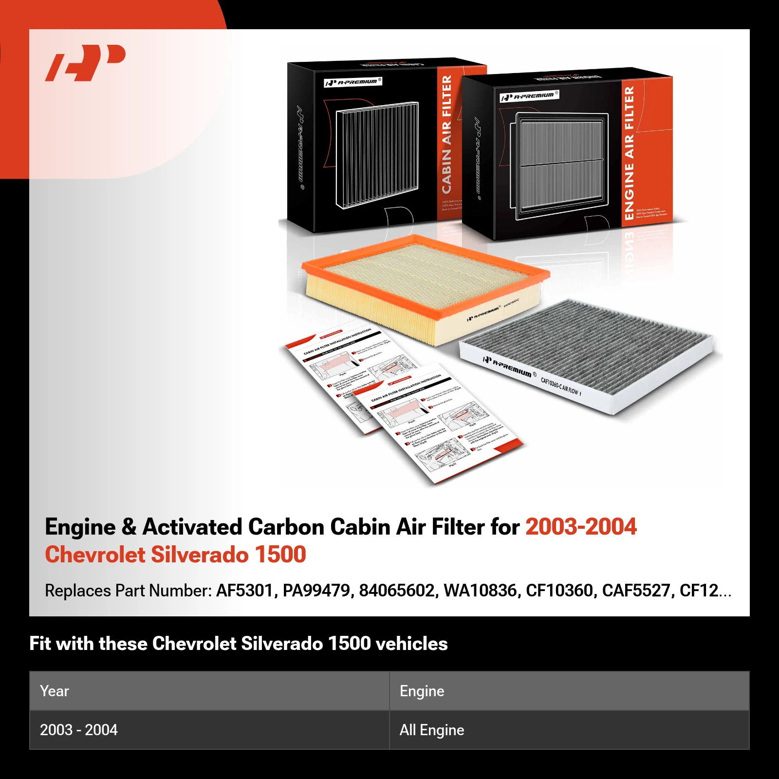 Engine & Activated Carbon Cabin Air Filter for 2003-2004 Chevrolet Silverado 1500