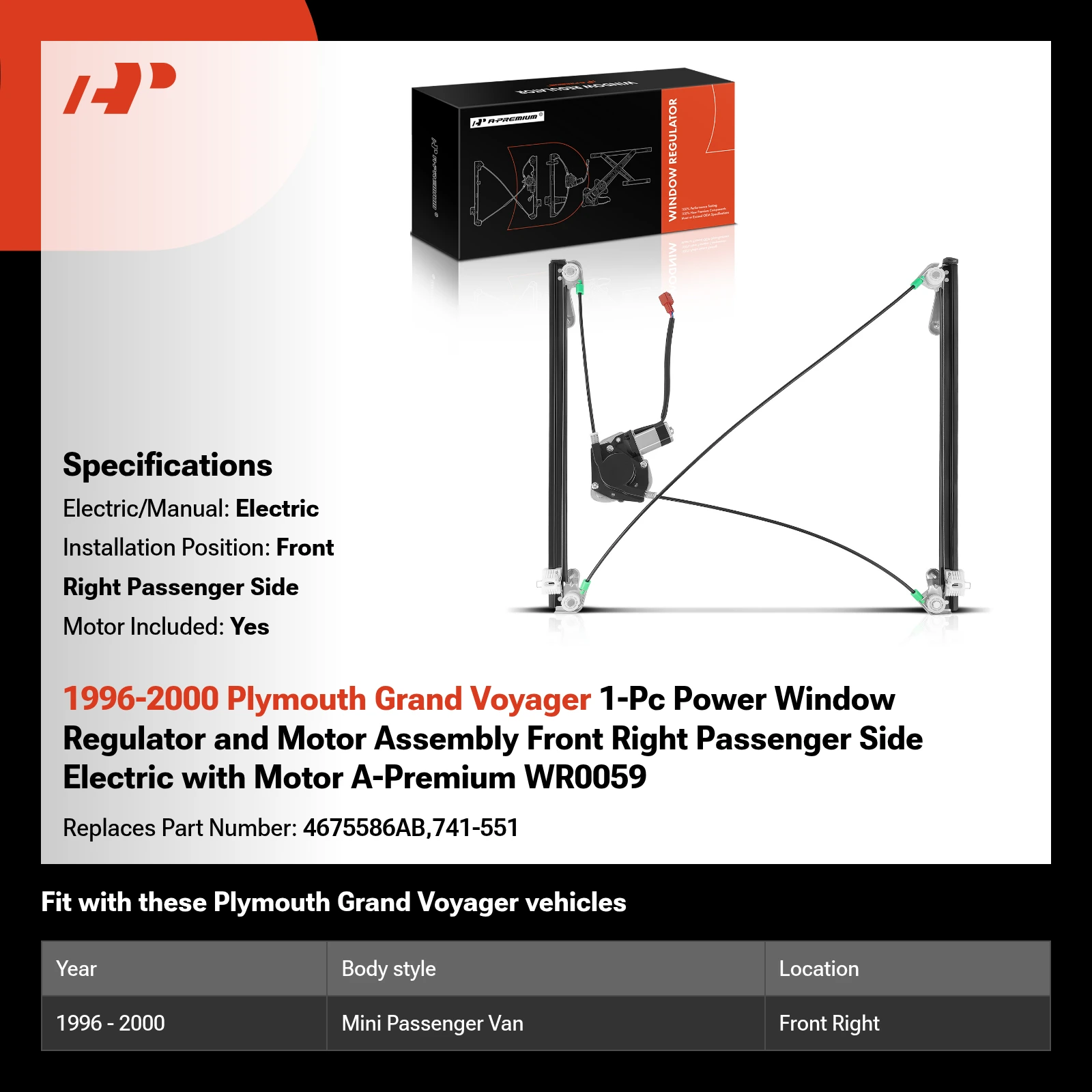 1996-2000 Plymouth Grand Voyager 1-Pc Power Window Regulator and Motor Assembly Front Right Passenger Side Electric with Motor A-Premium WR0059