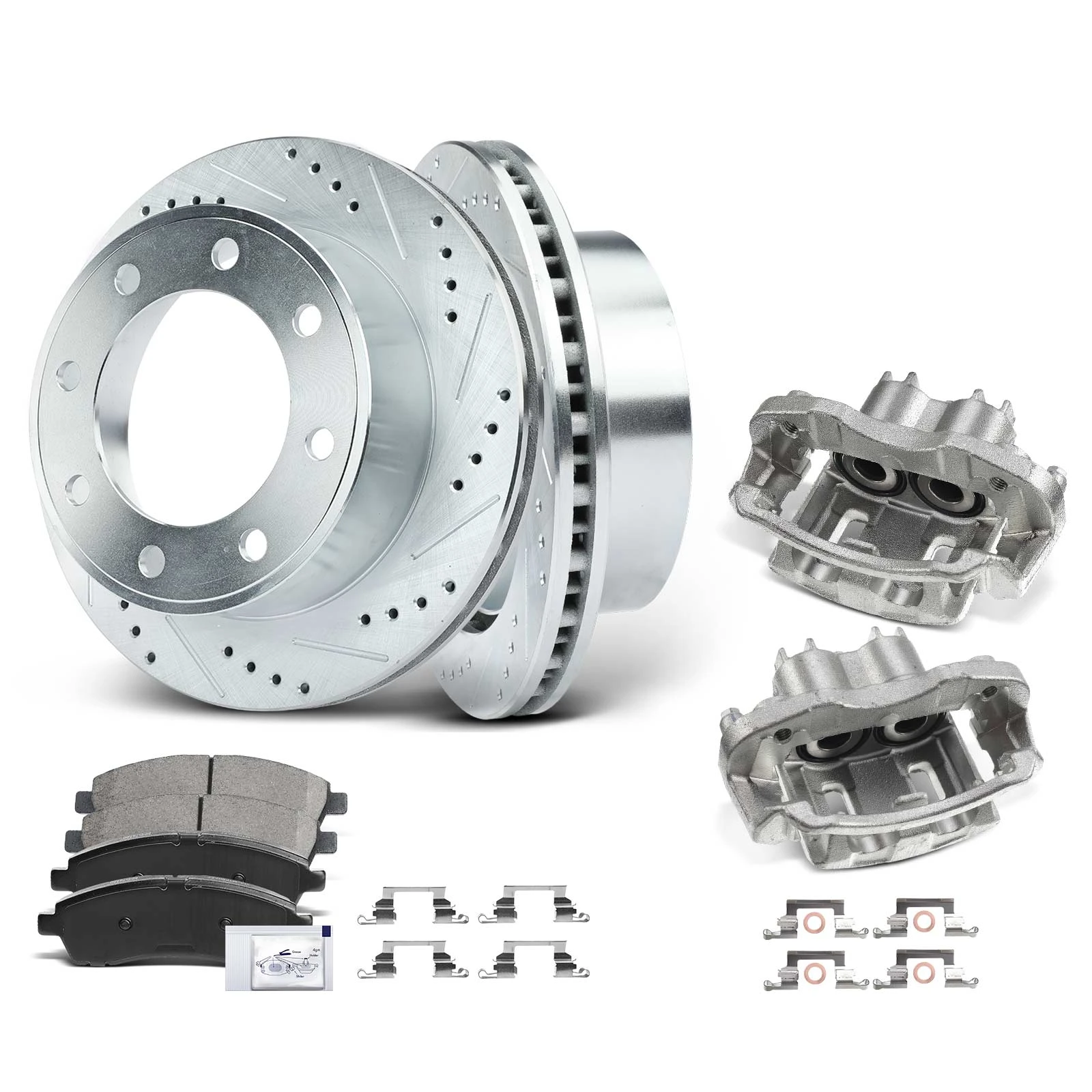 8 Pcs Rear Drilled Brake Rotors & Pads + Brake Calipers for Ford Excursion F-250 Super Duty