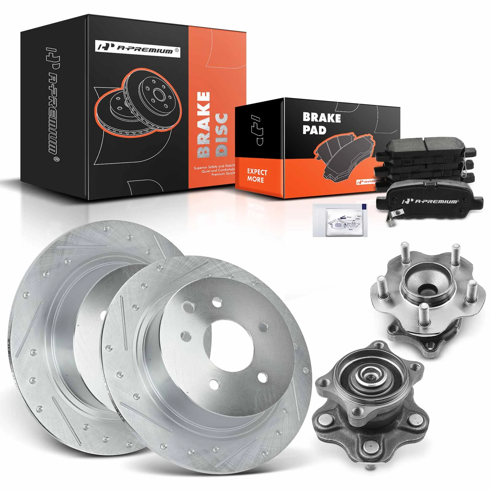 8 Pcs Rear Drilled Brake Rotor & Pads + Wheel Hub Bearing for Nissan Altima 2002-2006 Maxima