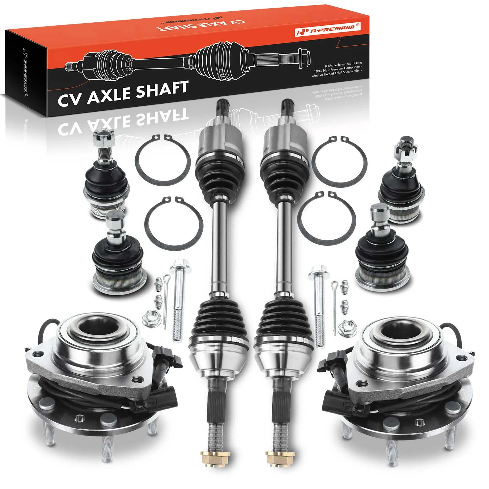 2002-2009 Chevrolet Trailblazer 8-Pc Ball Joint Set CV Axle Shaft Assembly and Wheel Bearing & Hub Kit, Front Side A-Premium APCA5409