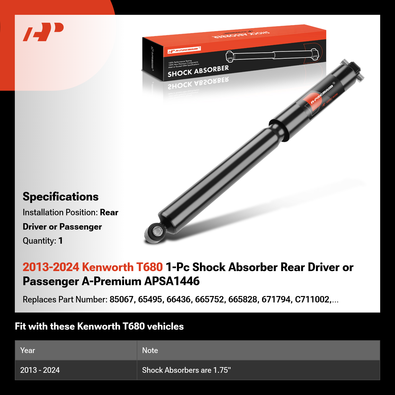 2013-2024 Kenworth T680 1-Pc Shock Absorber Rear Driver or Passenger A-Premium APSA1446