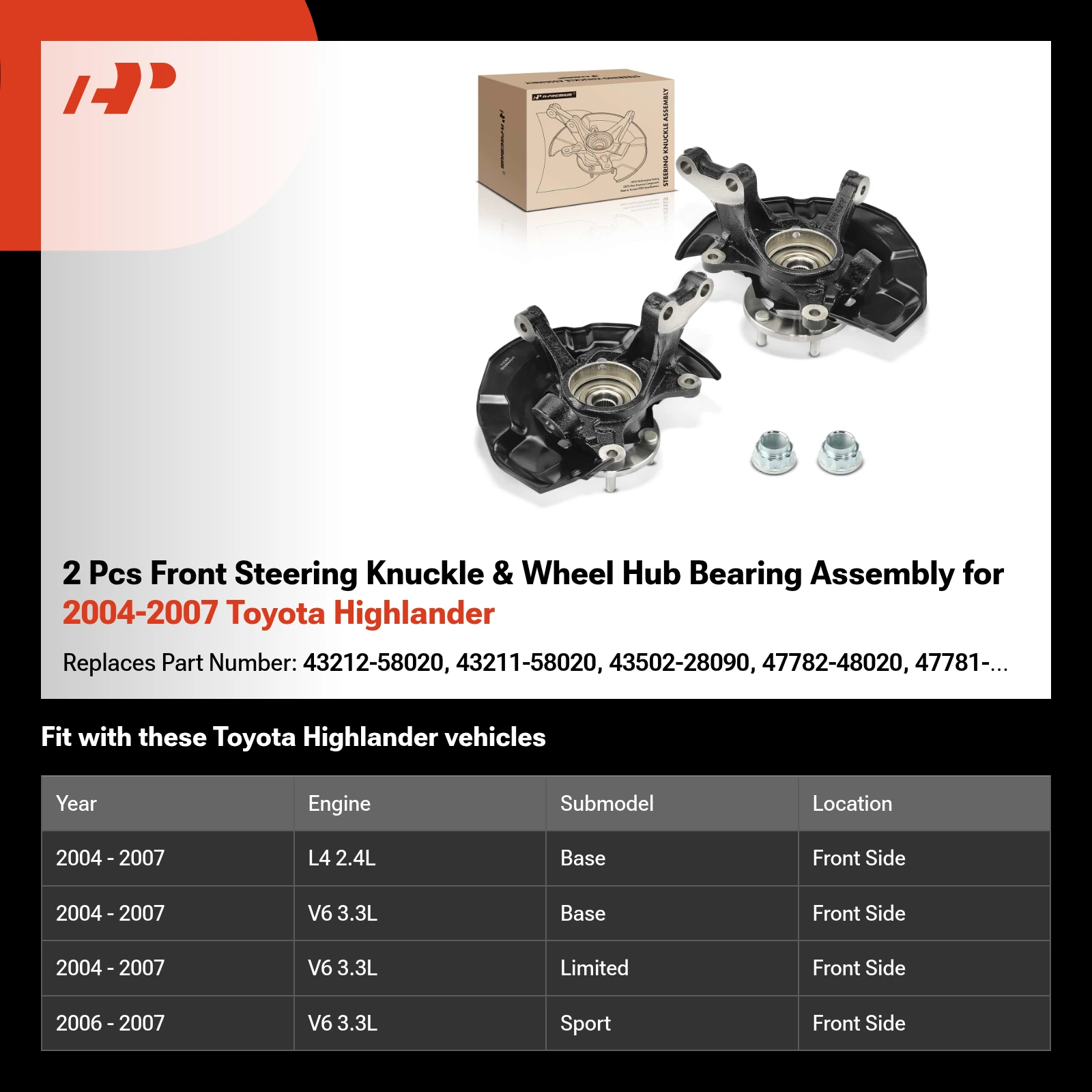 2 Pcs Front Steering Knuckle & Wheel Hub Bearing Assembly for 2004-2007 Toyota Highlander